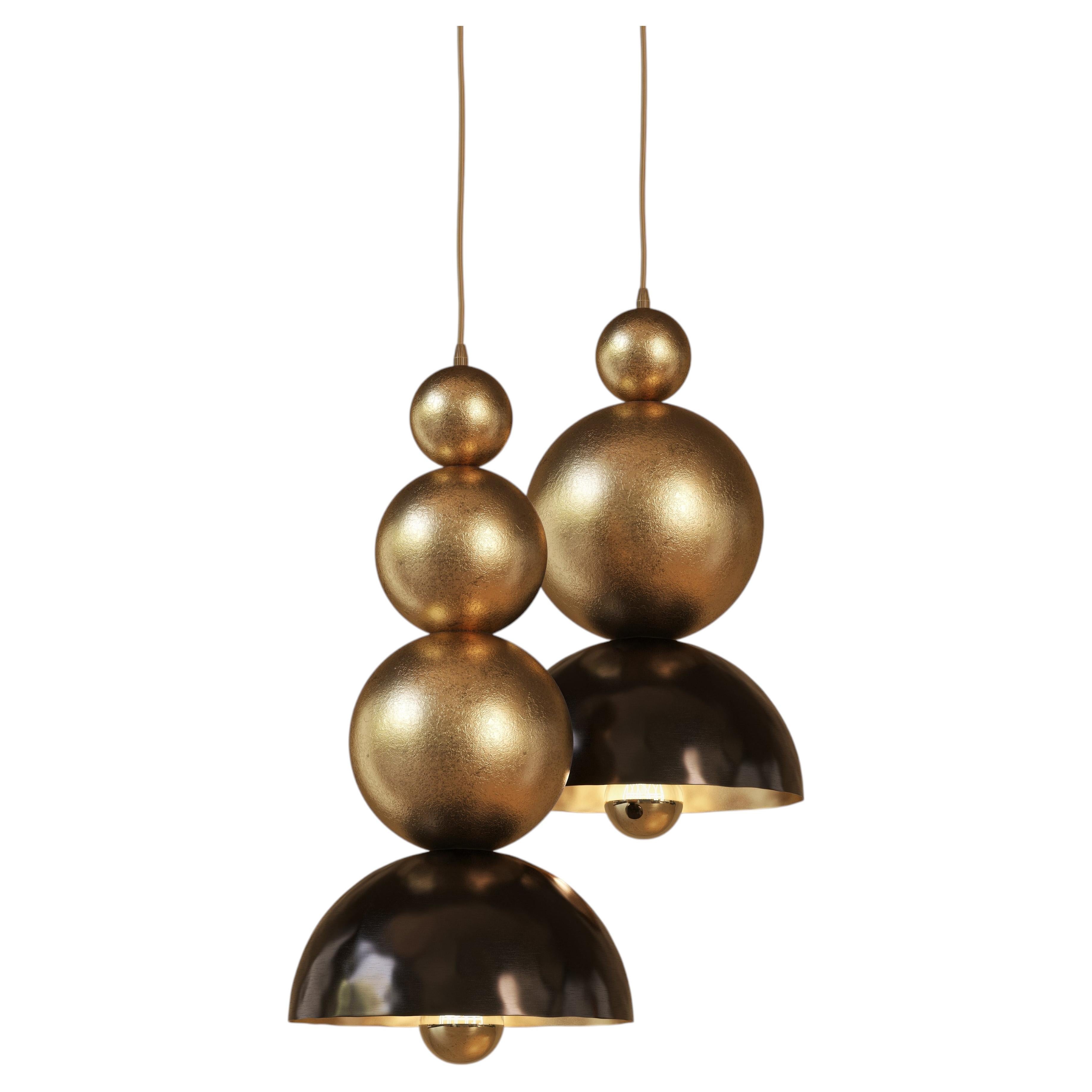 Pendant Light in Patinated Brass & Gold Leaf, Modern Design For Sale