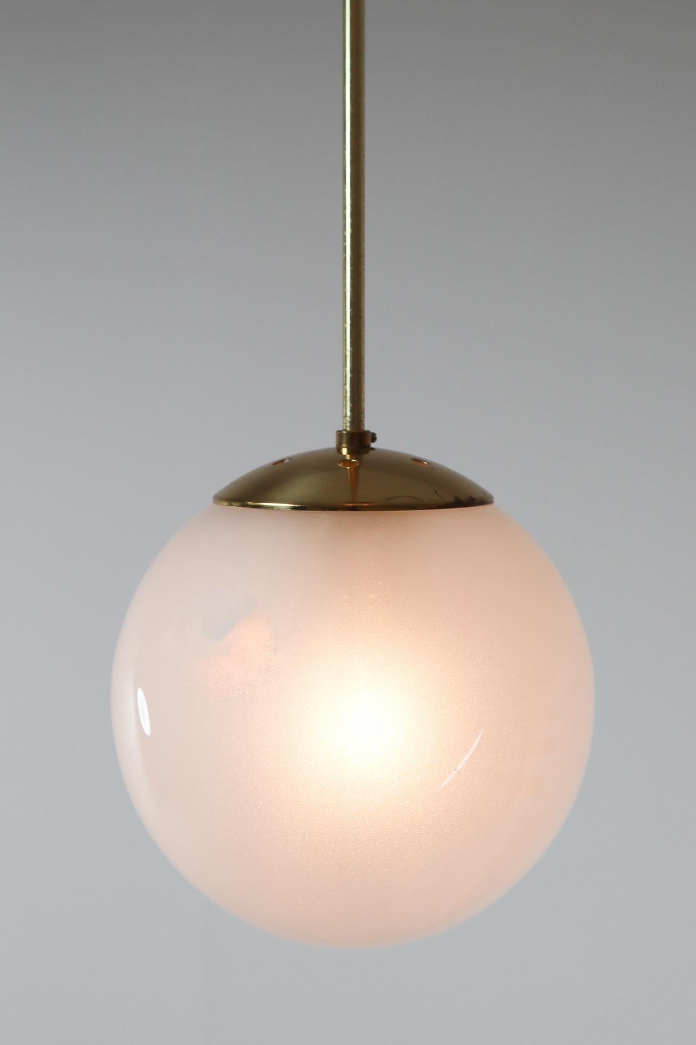 Brass Pendant with a Pearl-White Hand Blown Globe by Preciosa Kamenický Šenov For Sale 1