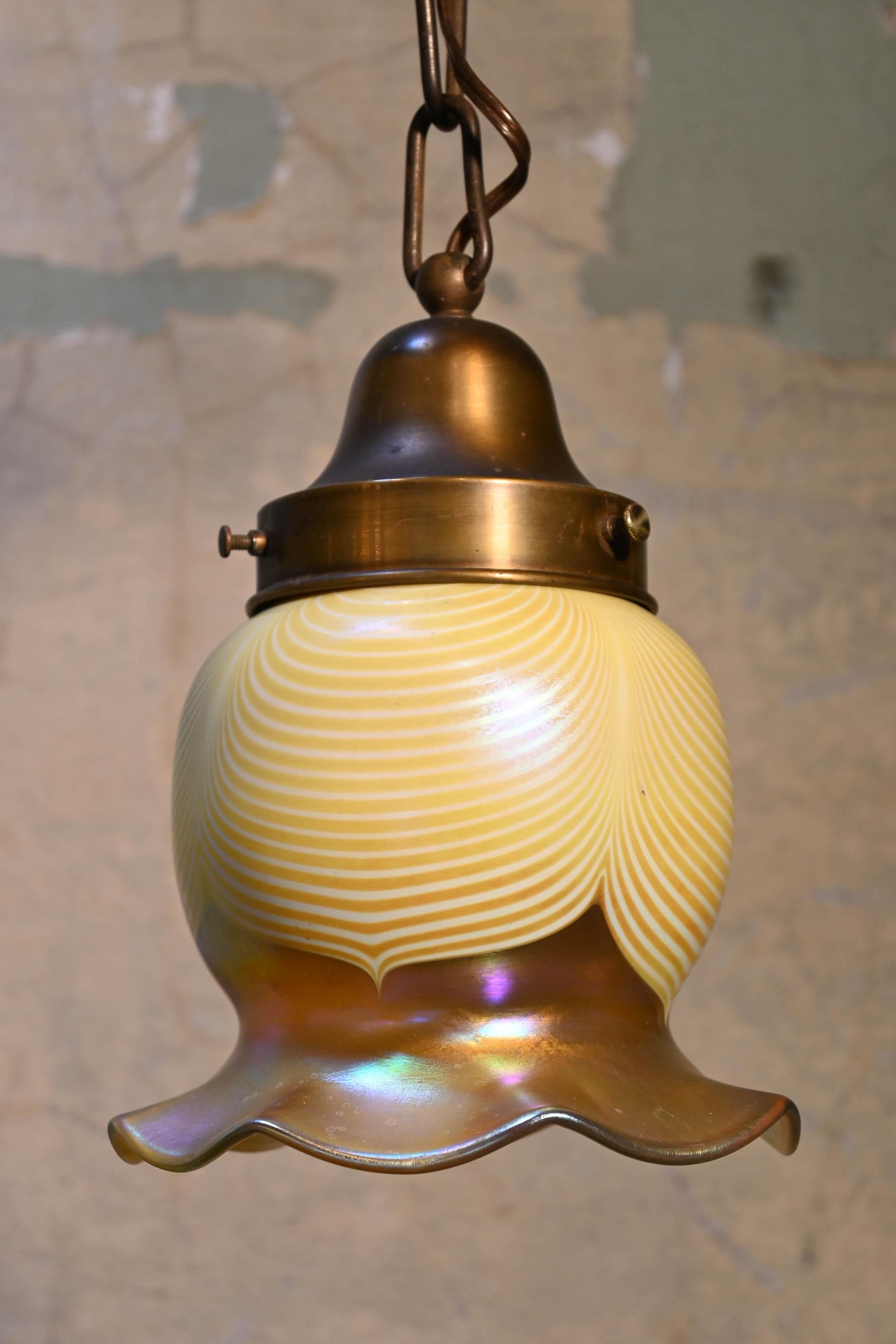 American Brass Pendant with Large Art Glass Shade