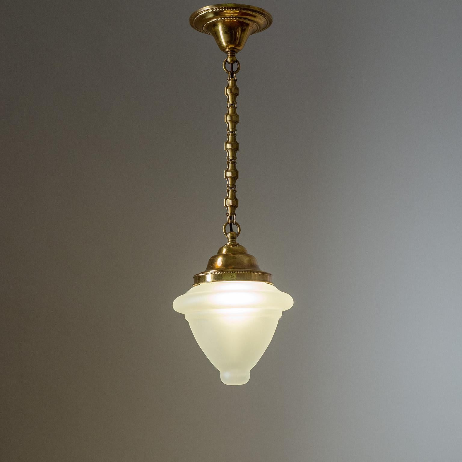 Art Deco Brass Pendant With Satin Glass, 1920s For Sale