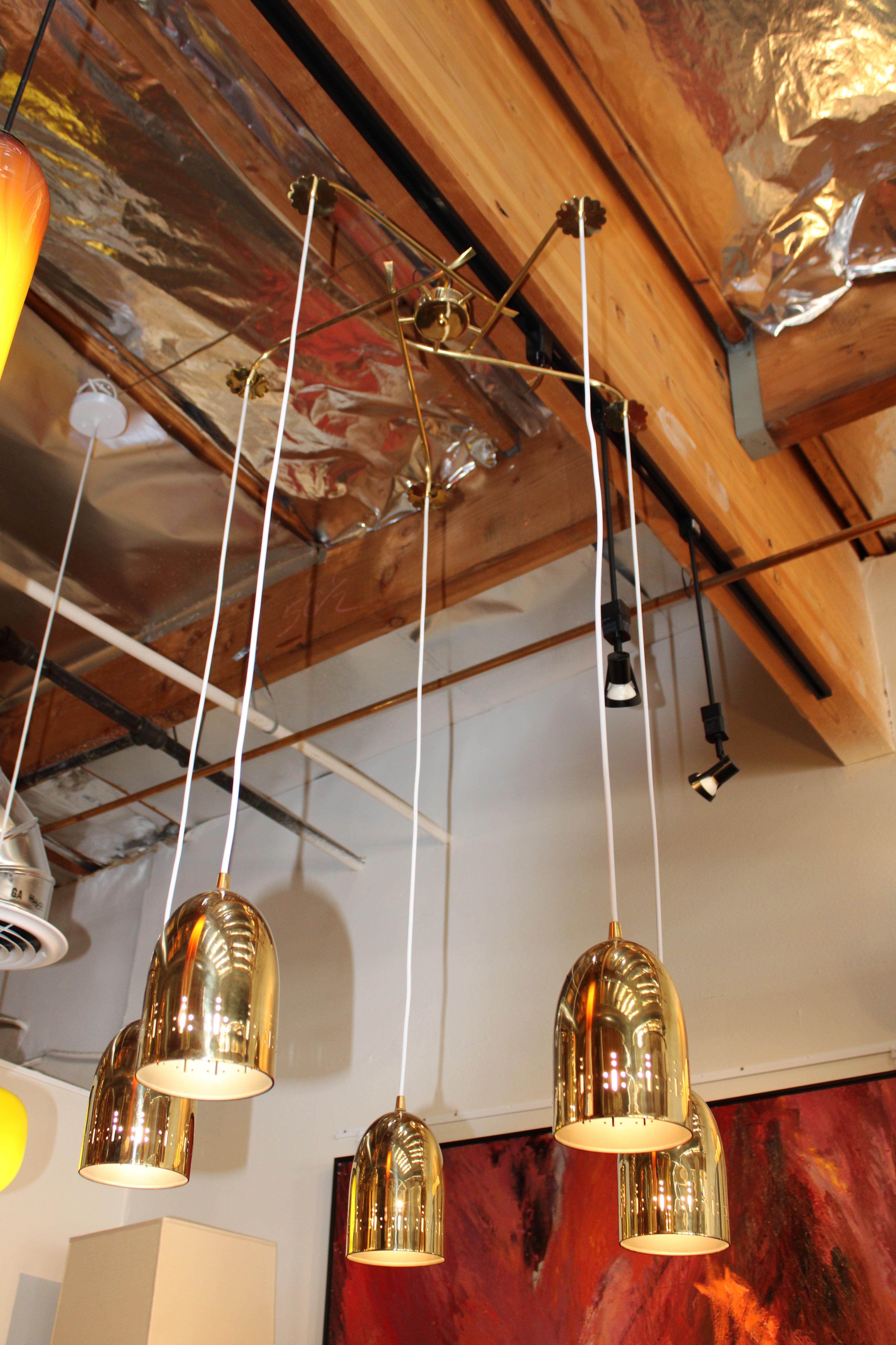 Mid-Century Modern Brass Perforated Chandelier with Five Canisters For Sale