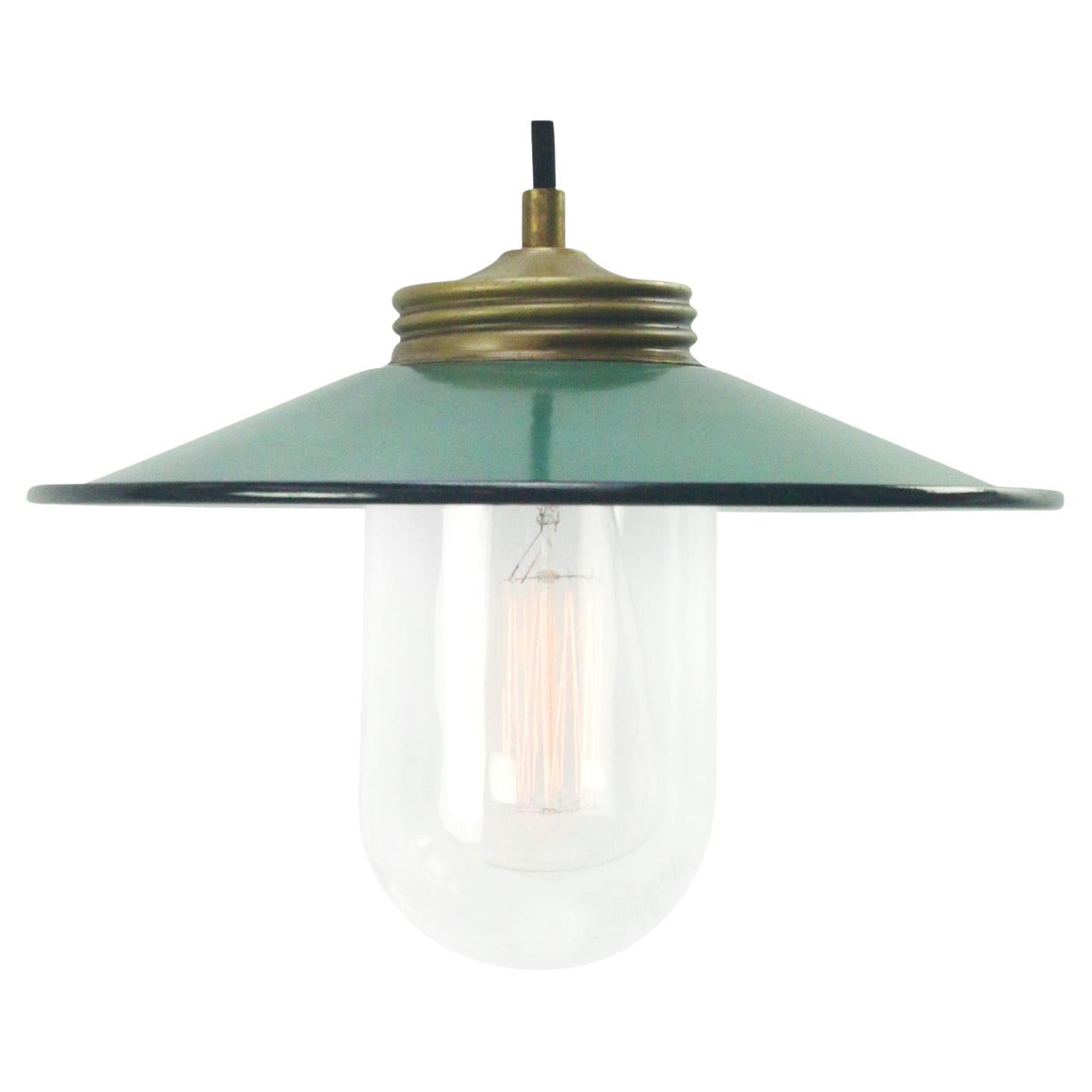 Lampade a sospensione in ottone con smalto color petrolio e vetro trasparente vintage