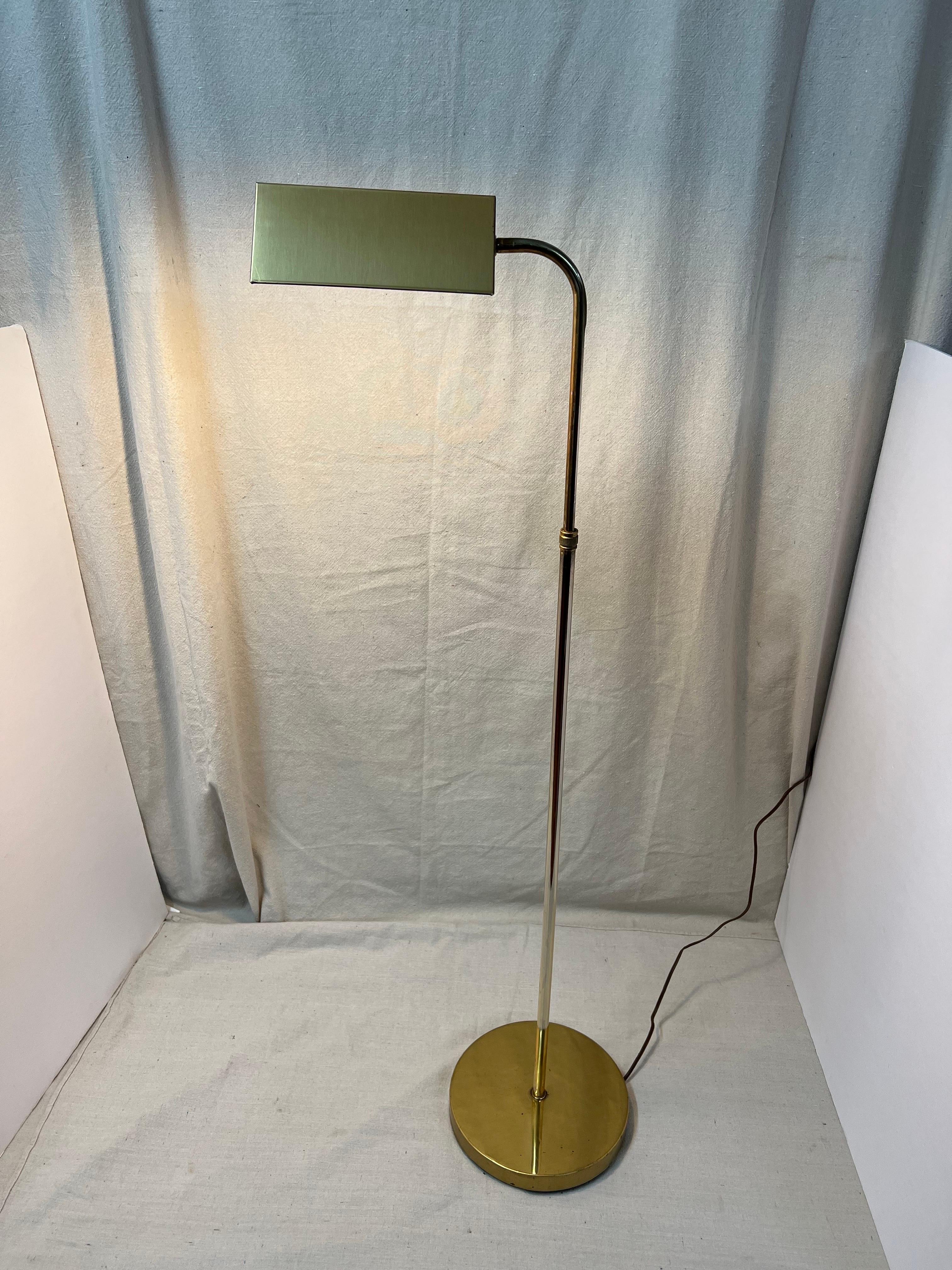 Adjustable Brass Pharmacy Floor Lamp. Great for reading by a chair. Classic, timeless 1970-1980s style. Lamp base diameter is 10