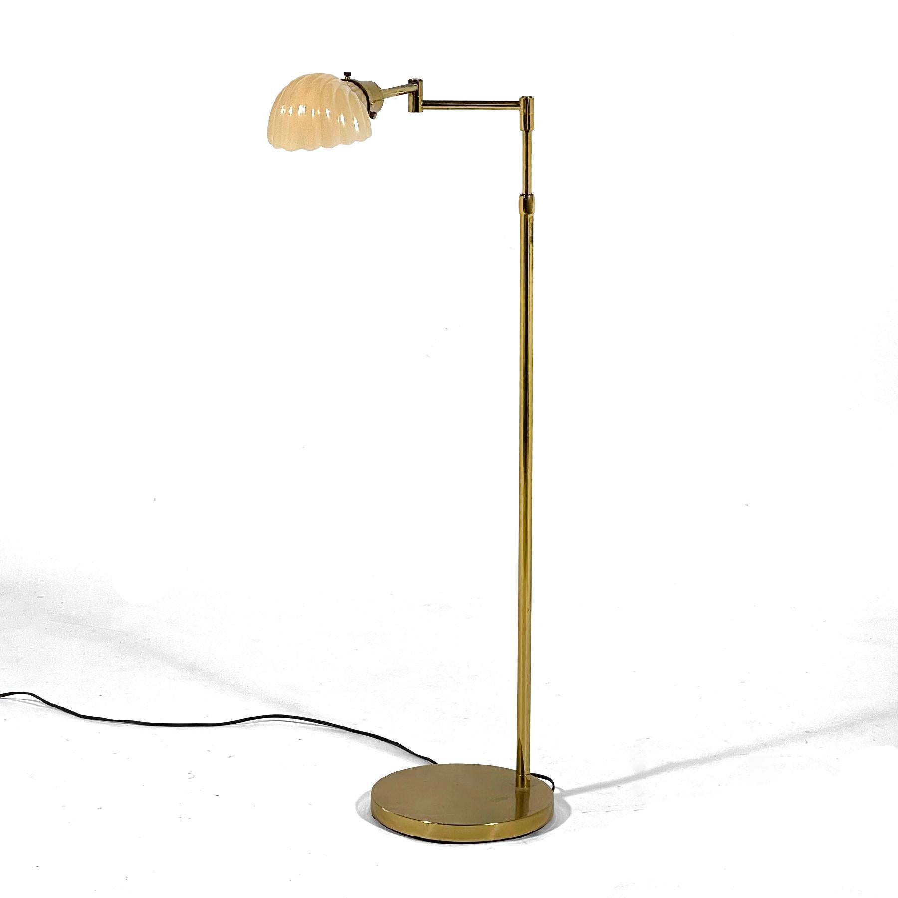 Brass Pharmacy Floor Lamp with Glass Venetian Style Shell In Good Condition For Sale In Highland, IN