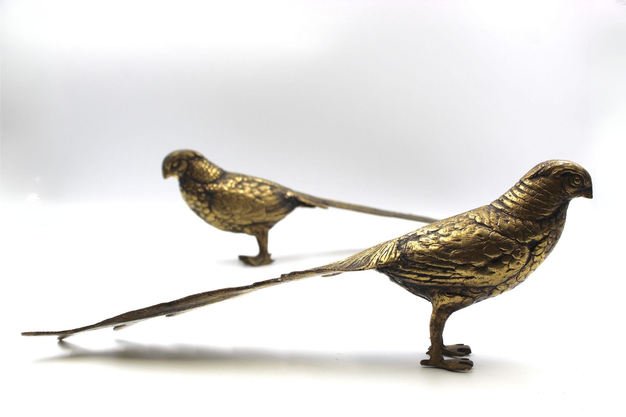 This is a beautiful, matched pair of decorative brass pheasants. With finely detailed feathers and angled heads, this is an expressive pair of birds. The bird sit very well together, with their distinctive long tails stretching out behind