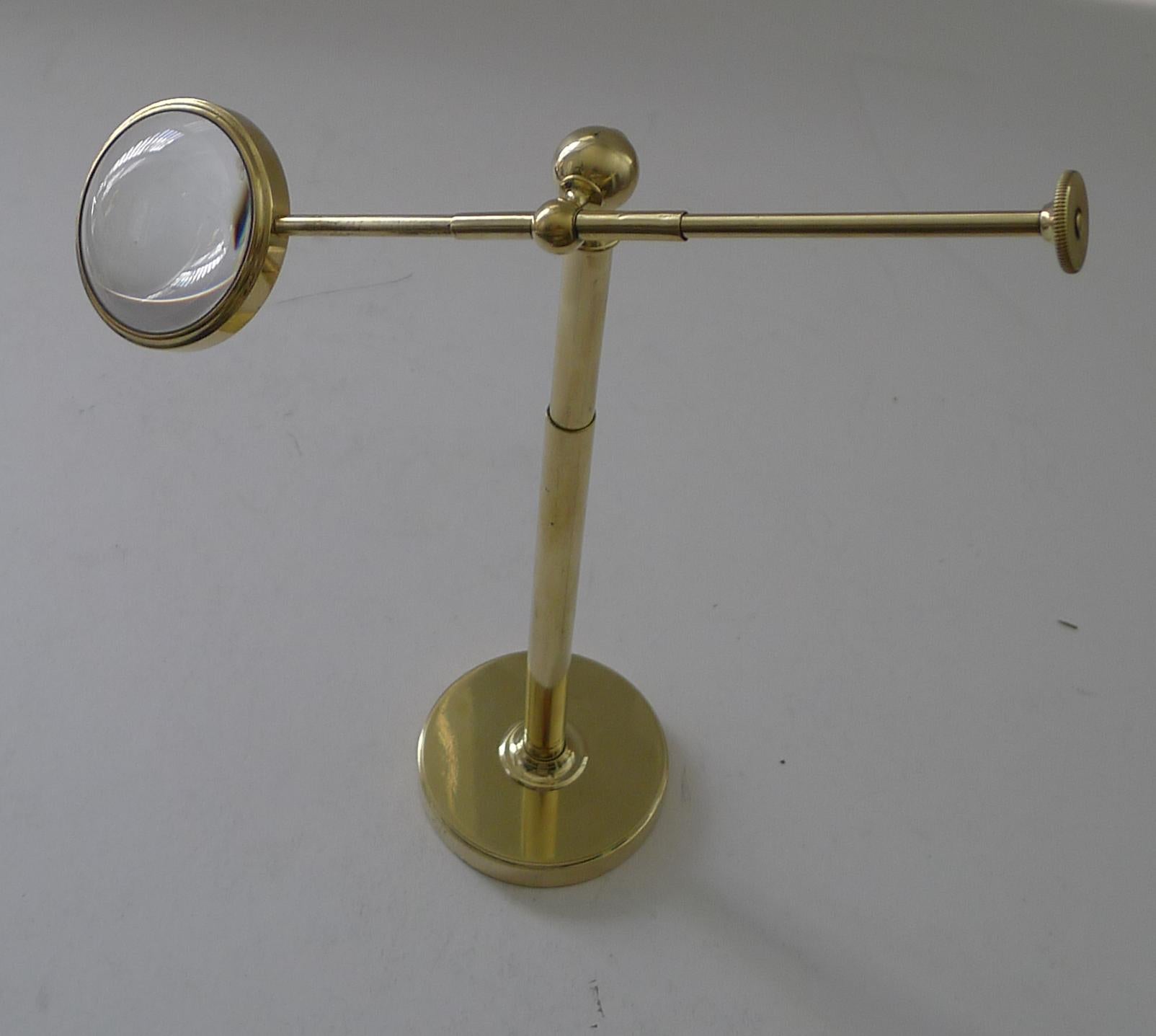 Brass Pivoting Bullseye Magnifying Glass / Lens on Stand c.1915 For Sale 1