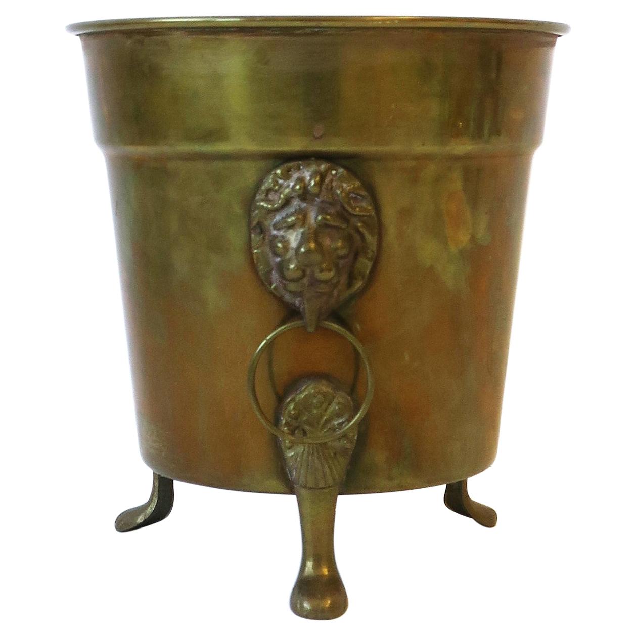 Brass Plant Pot Holder Cachepot Jardinière with Lionhead Design
