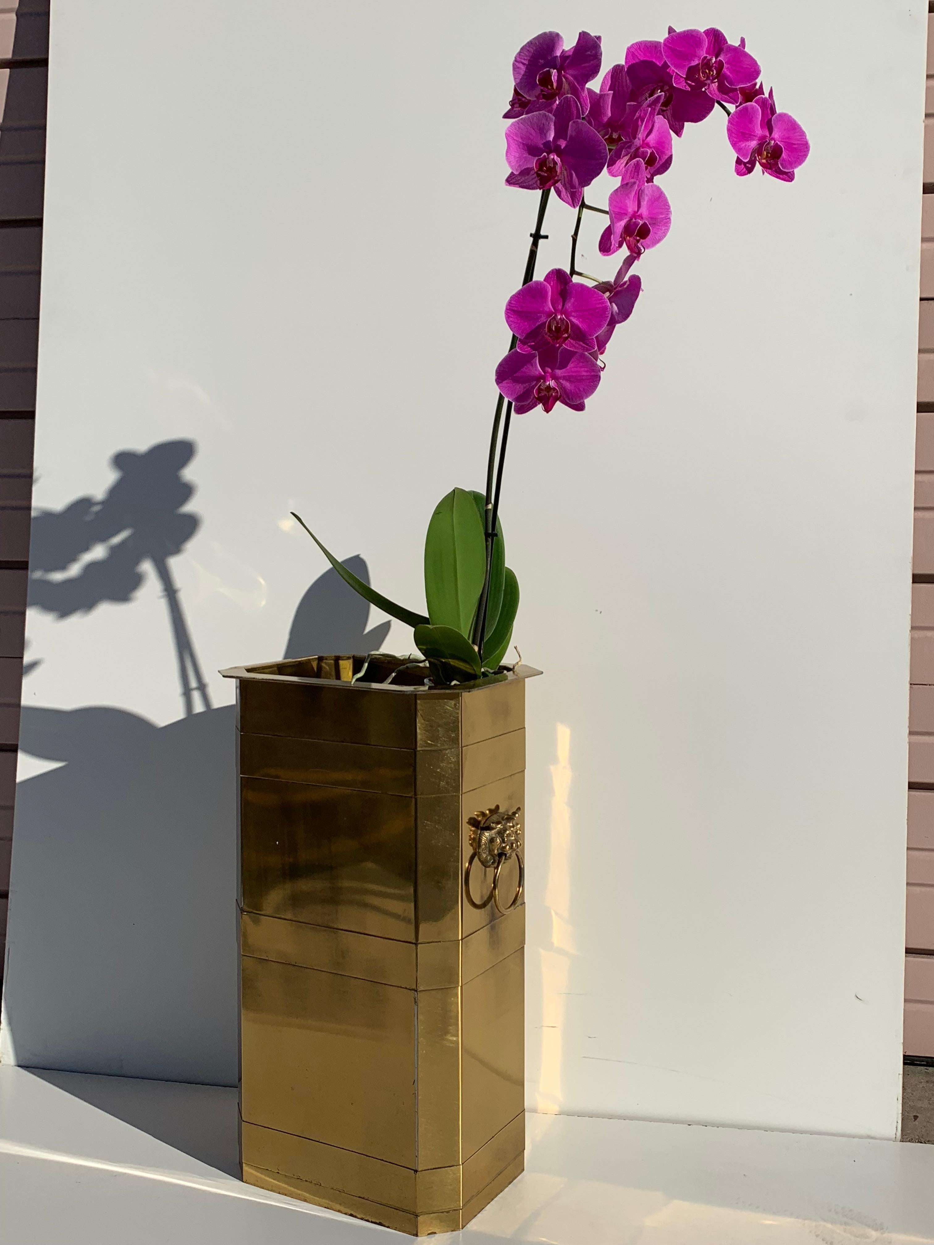 Brass planter or beverage cooler with foo dog motif.