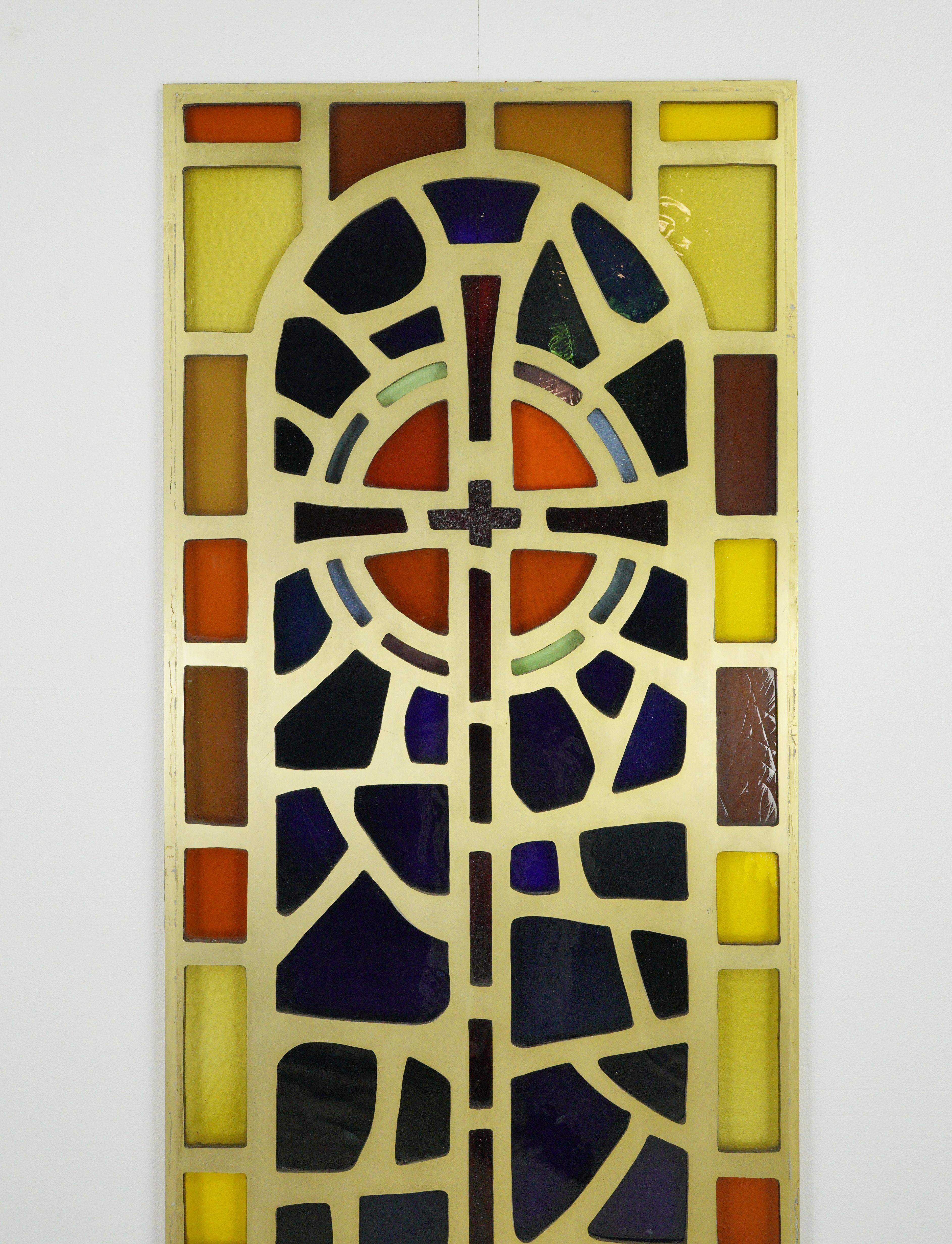 20th Century Brass Plate Aluminum Stained Glass Church Window For Sale