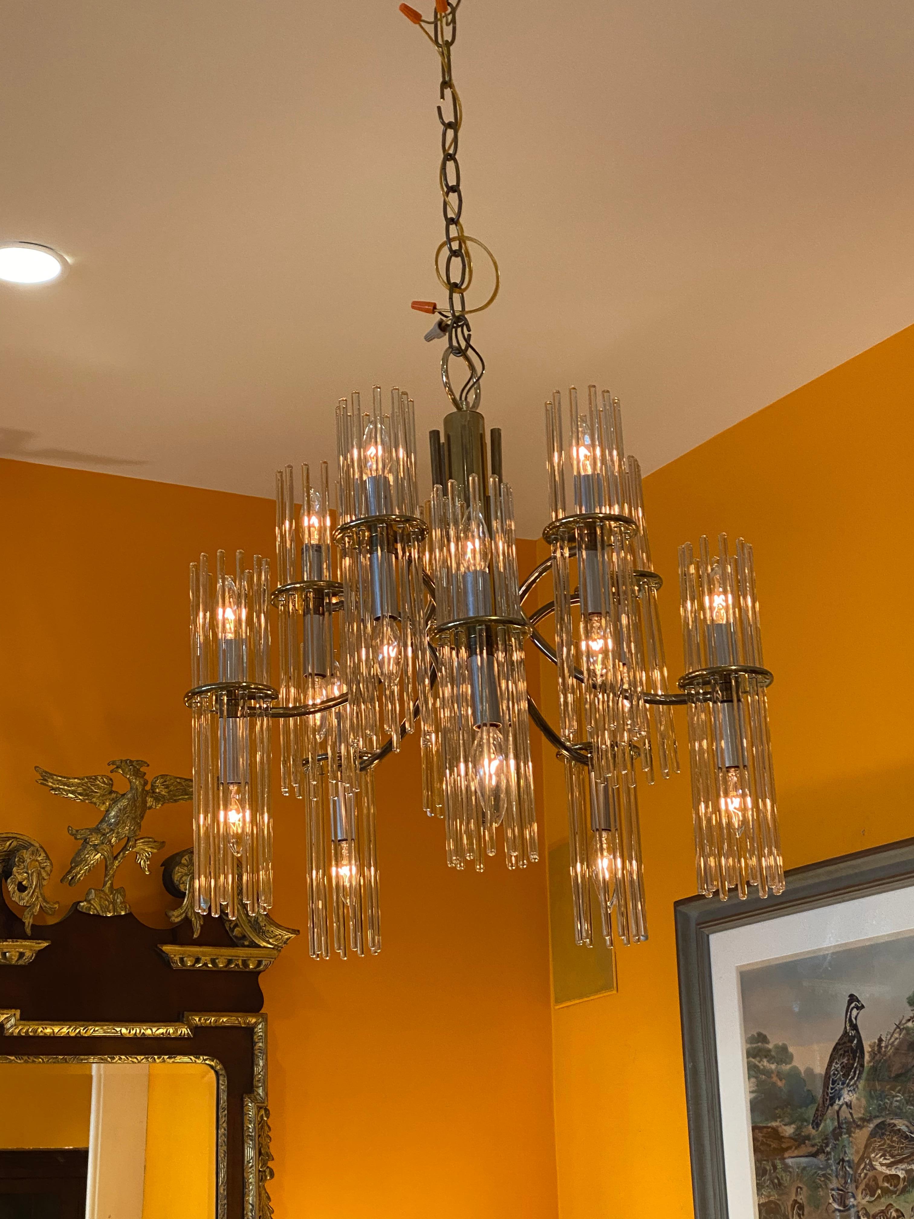 Brass-Plated 10 Arm Midcentury Chandelier with Glass Prisms In Good Condition For Sale In Charleston, SC