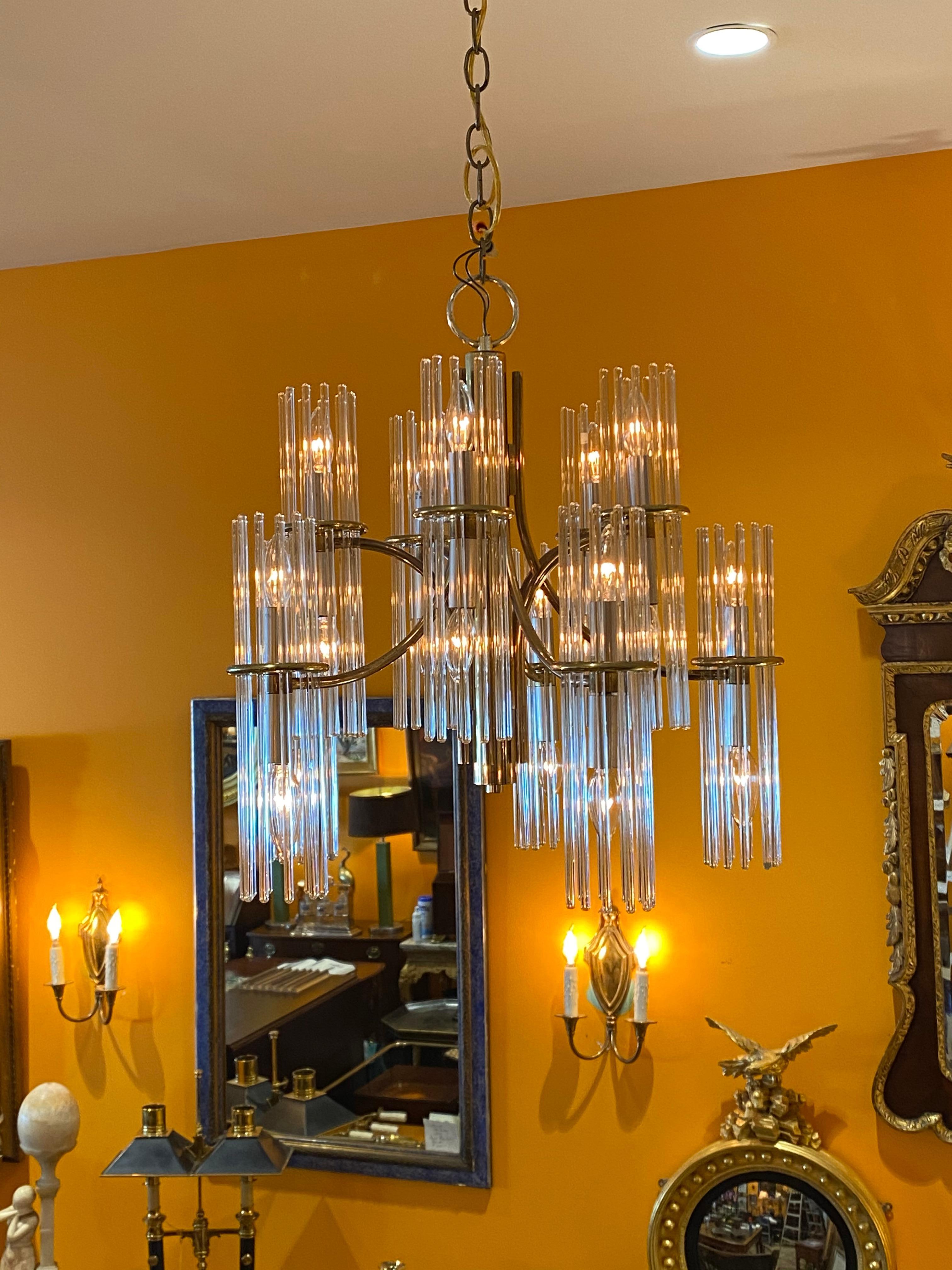 20th Century Brass-Plated 10 Arm Midcentury Chandelier with Glass Prisms For Sale