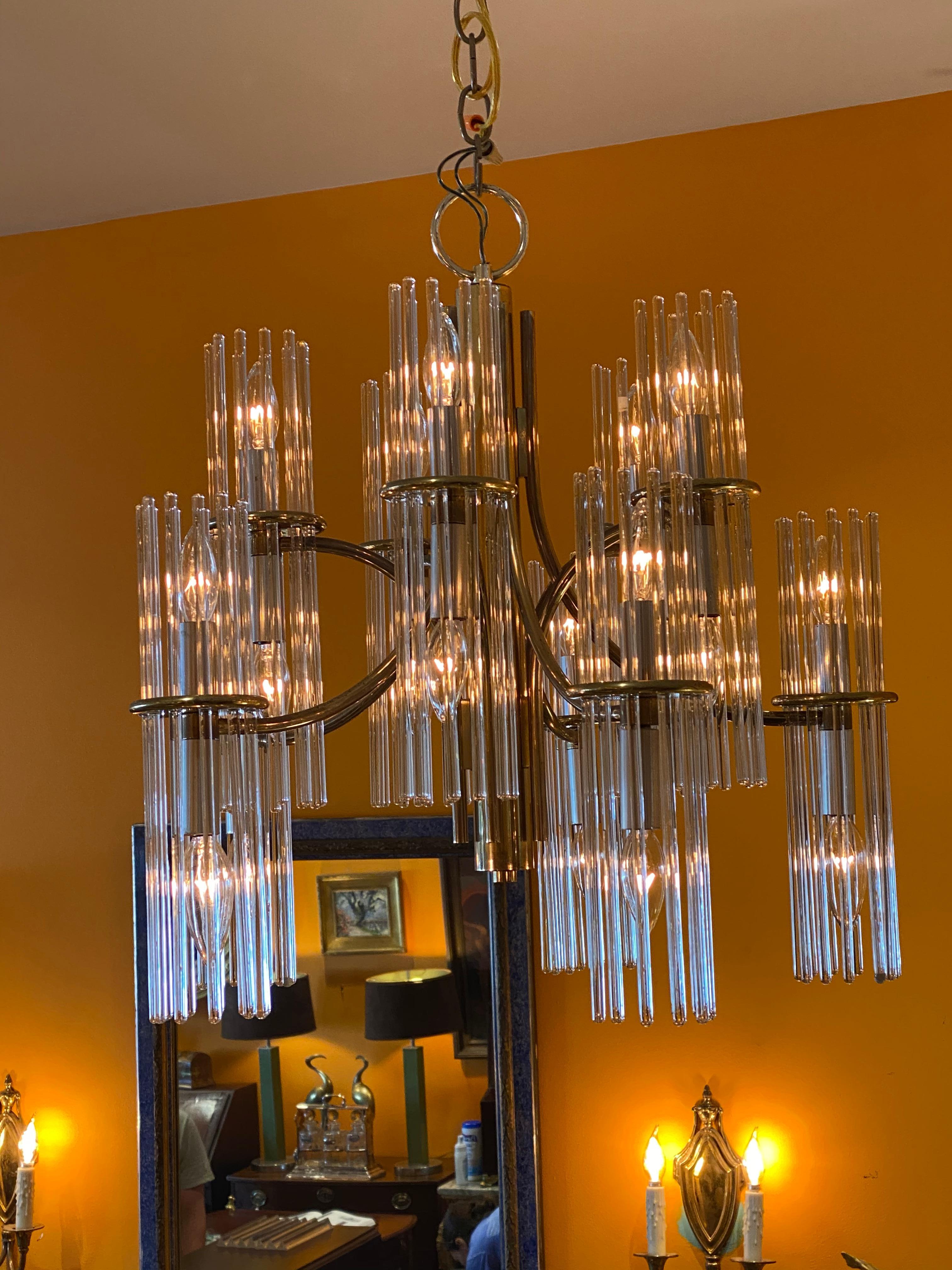 Brass-Plated 10 Arm Midcentury Chandelier with Glass Prisms For Sale 1