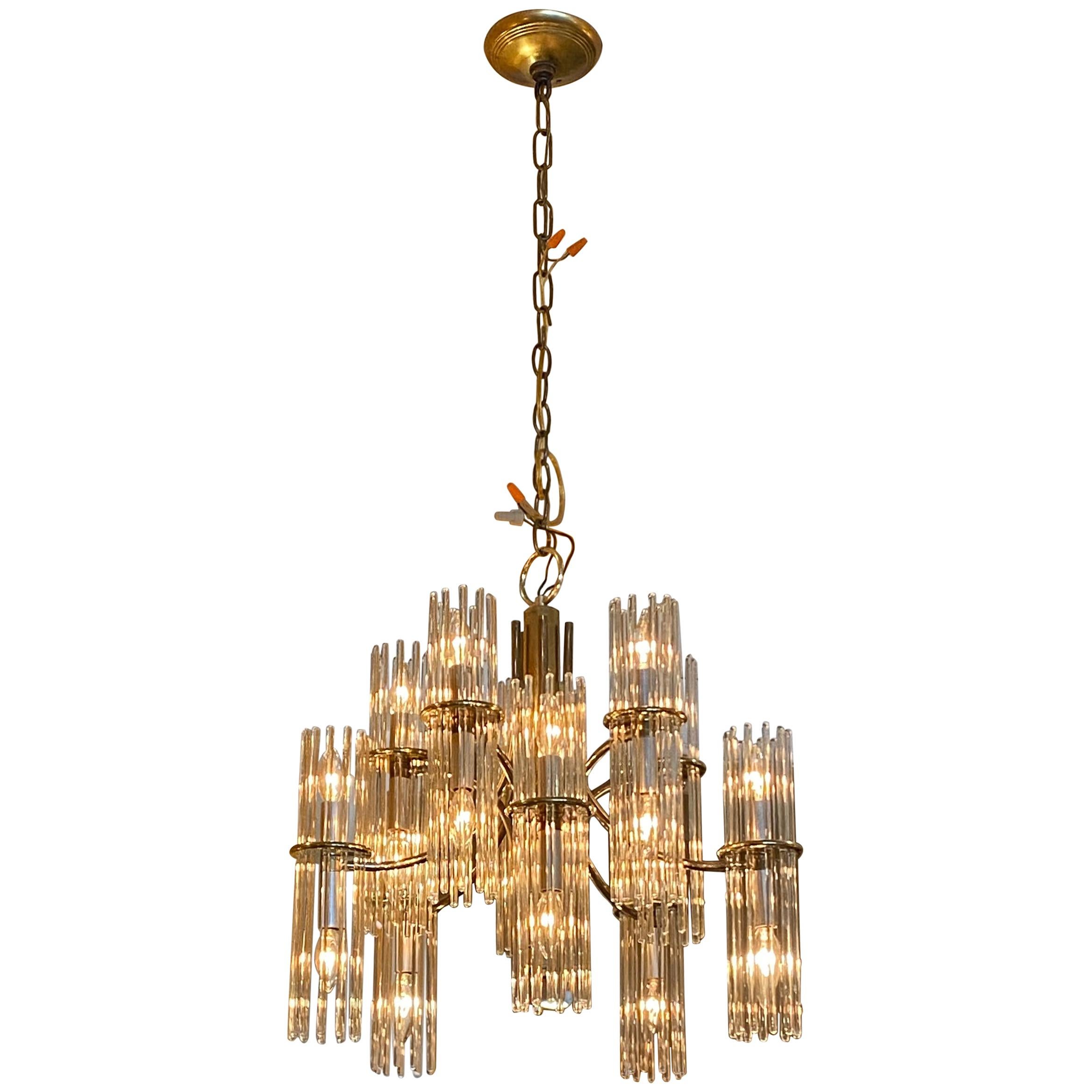 Brass-Plated 10 Arm Midcentury Chandelier with Glass Prisms For Sale