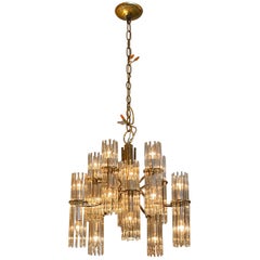 Brass-Plated 10 Arm Midcentury Chandelier with Glass Prisms