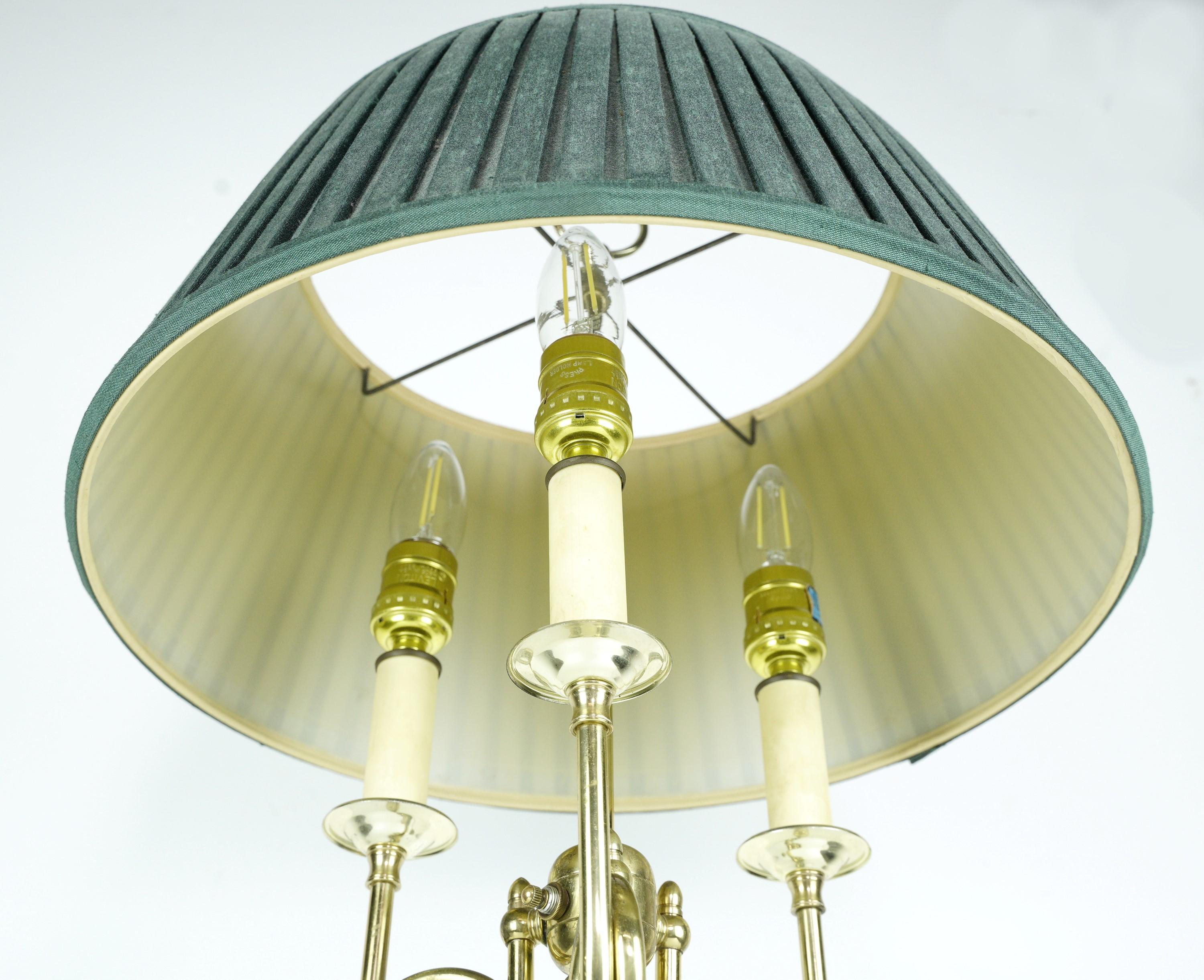 Brass Plated 3 Light Lamp Green Pleated Shade Colonial Style In Good Condition In New York, NY