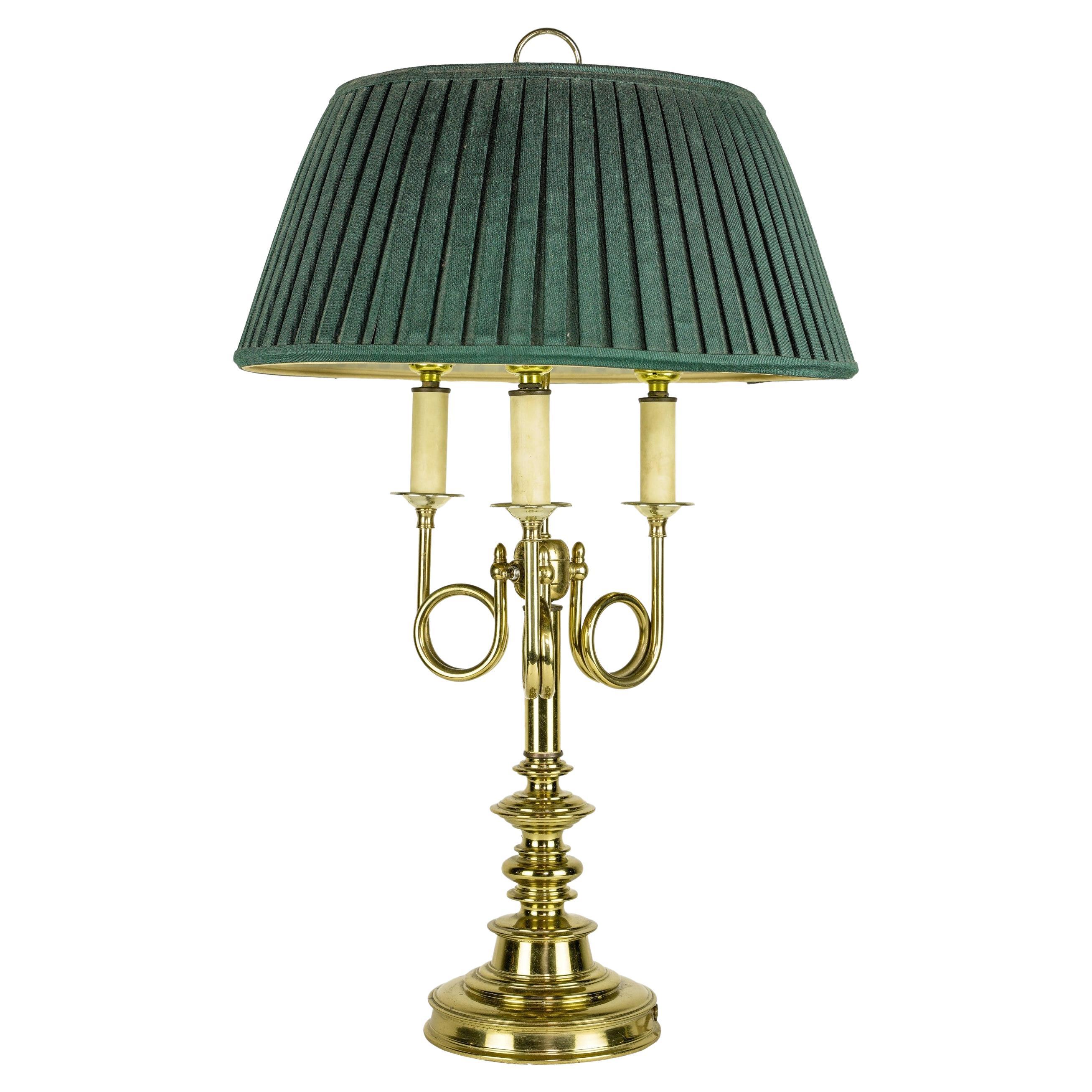 Brass Plated 3 Light Lamp Green Pleated Shade Colonial Style