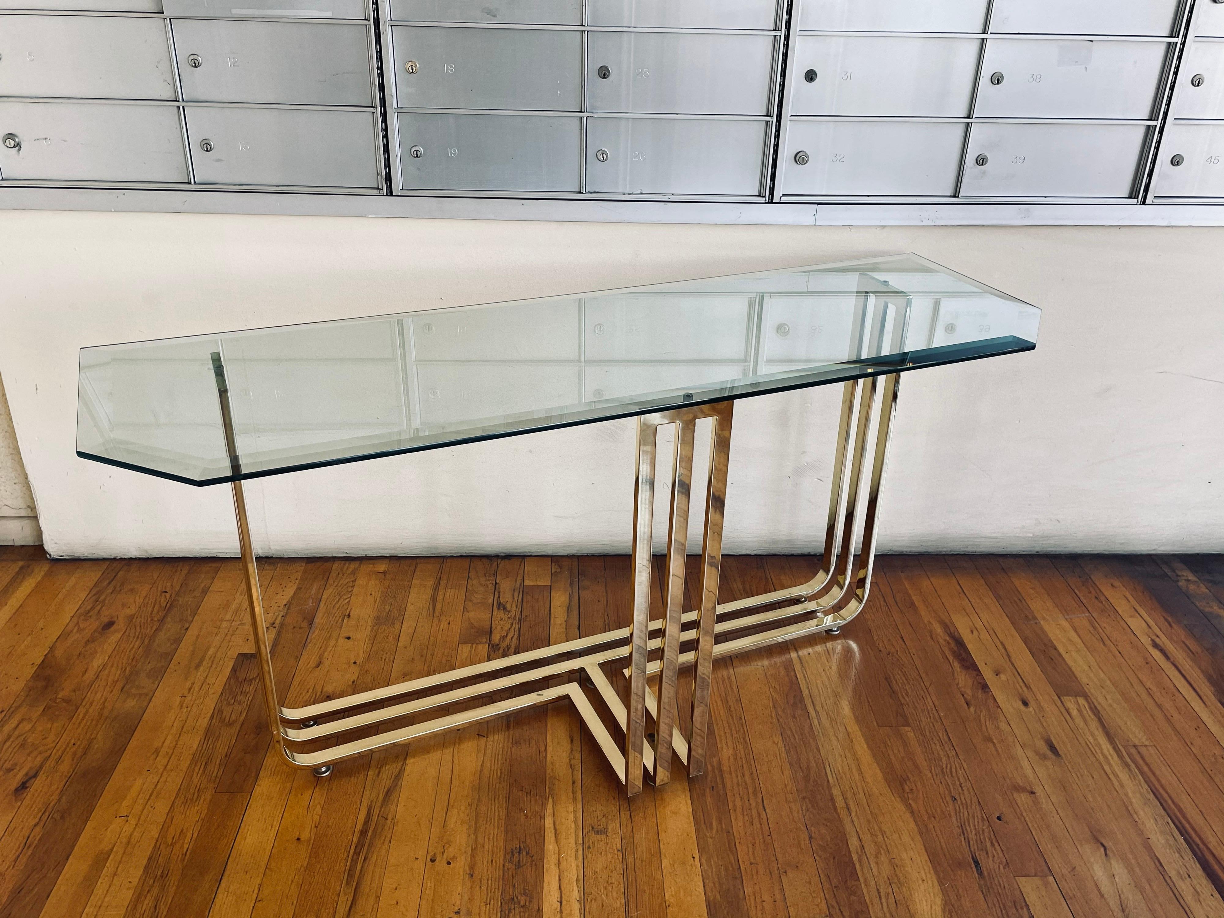 American Brass Plated and Beveled Glass Postmodern Console Sofa Table For Sale