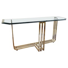 Vintage Brass Plated and Beveled Glass Postmodern Console Sofa Table