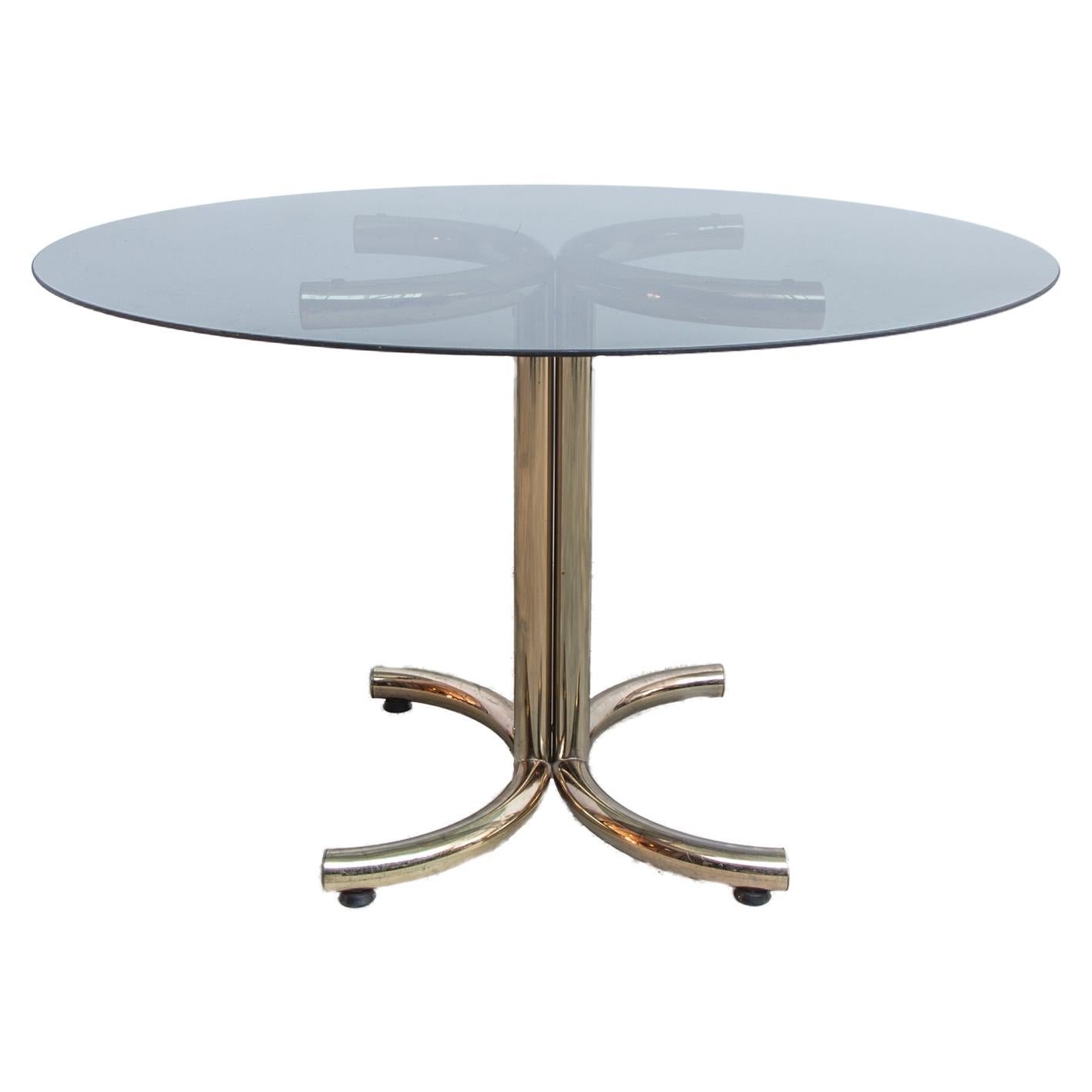 Brass Plated Chrome Base and Smoked Glass Round Dining Table by Giotto Stoppino