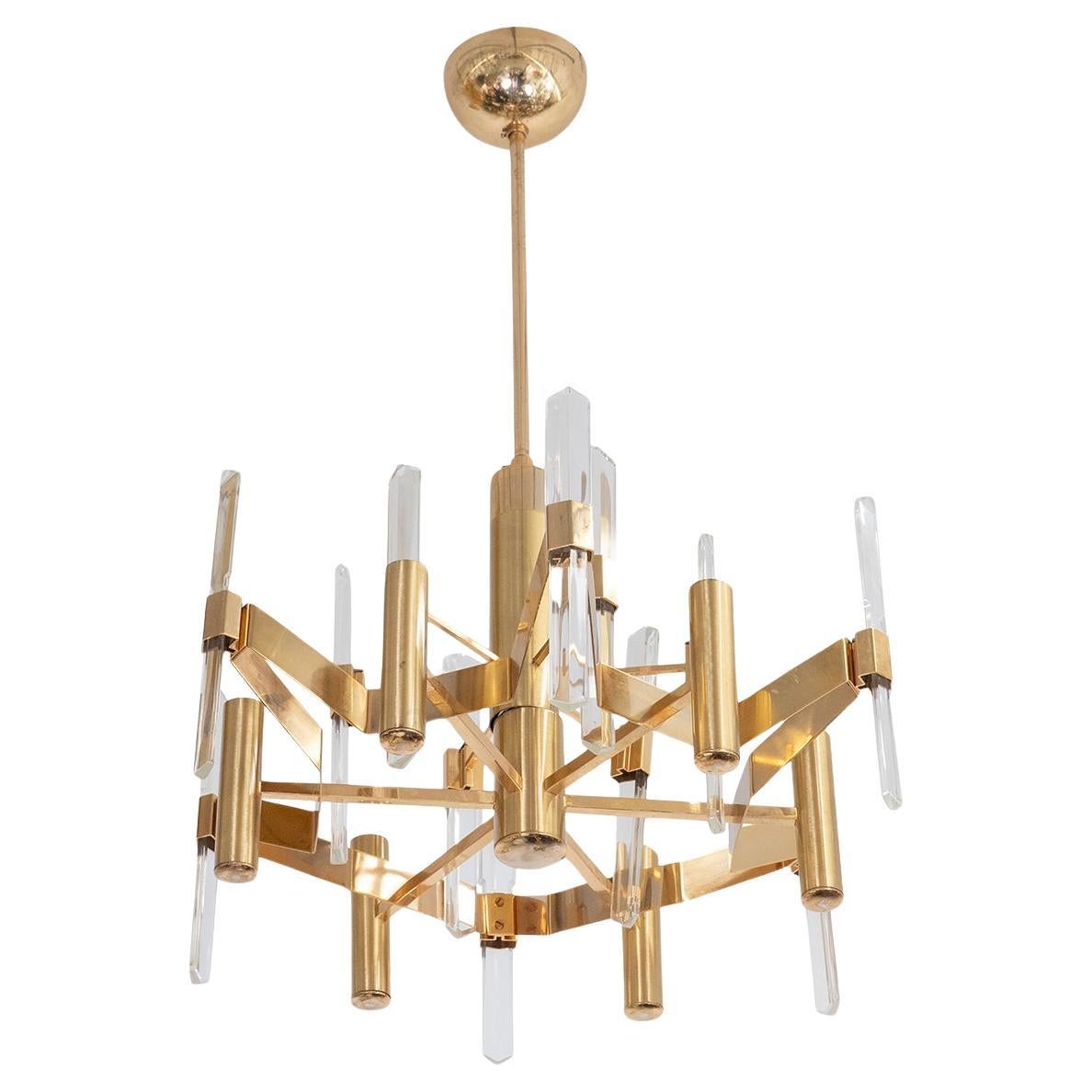 Brass Plated Crystal Prism Chandelier by Sciolari For Sale