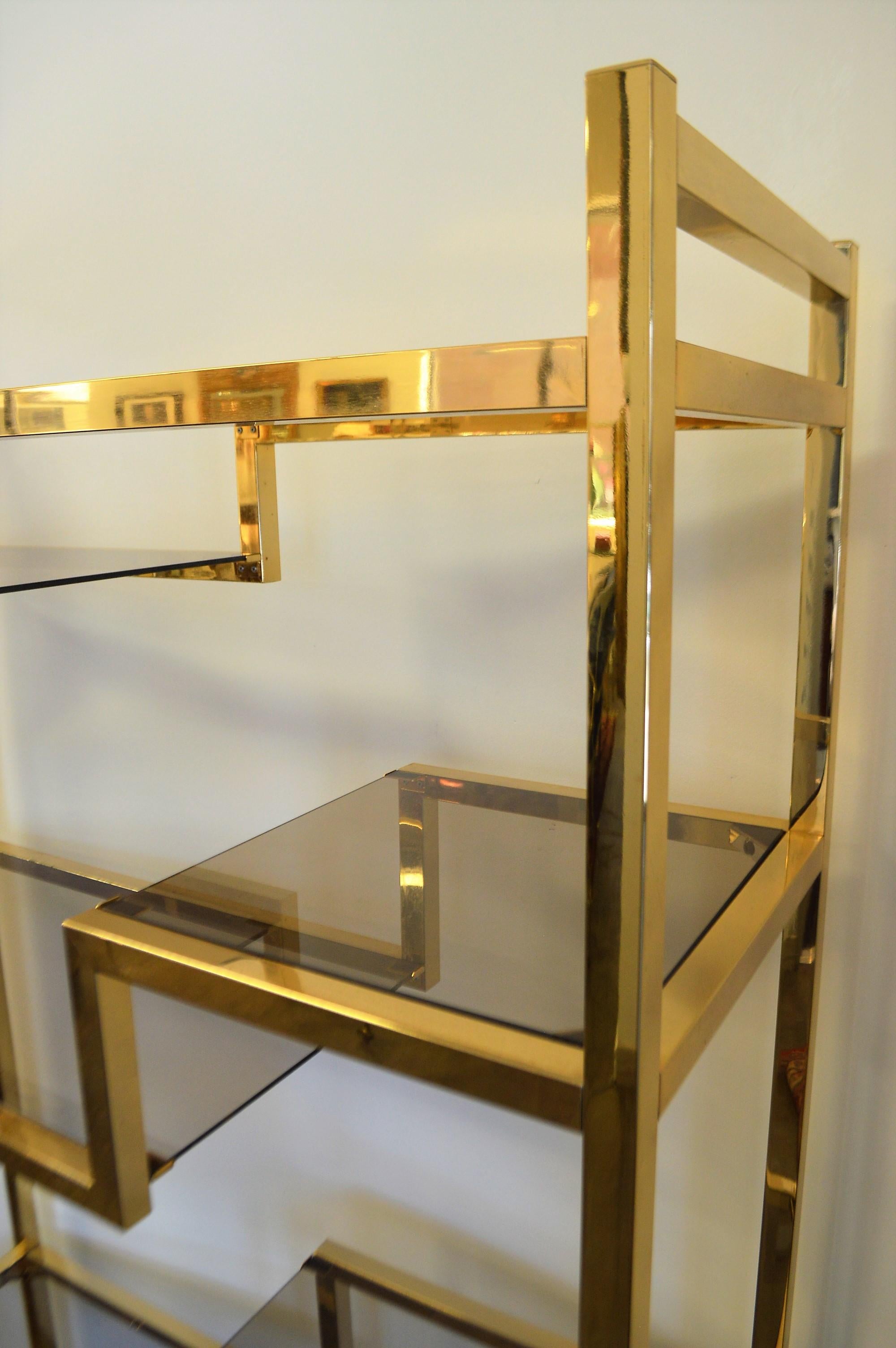 Modern Brass Plated Étagère, Shelving Unit, 7 Smoke Glass Shelves