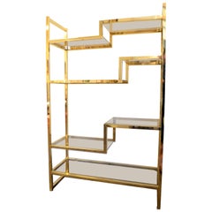 Brass Plated Étagère, Shelving Unit, 7 Smoke Glass Shelves Brass Plated Étagère, Shelving Unit, 7 Smoke Glass Shelves