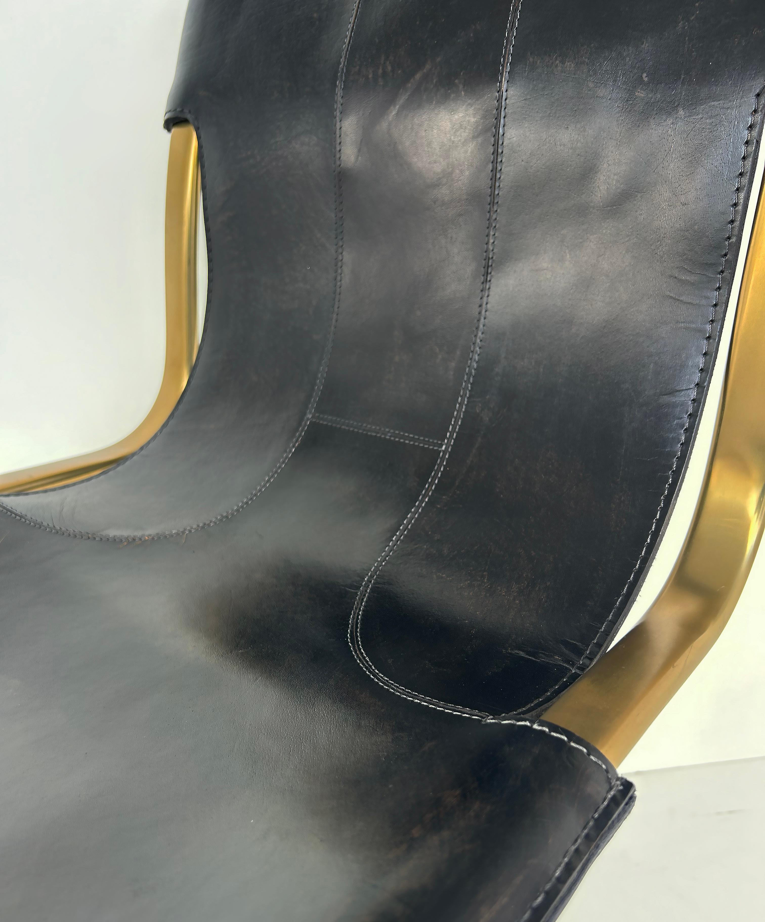 Brass Plated Leather Cantilevered Dining Chairs After Willy Rizzo Desgn For Sale 7