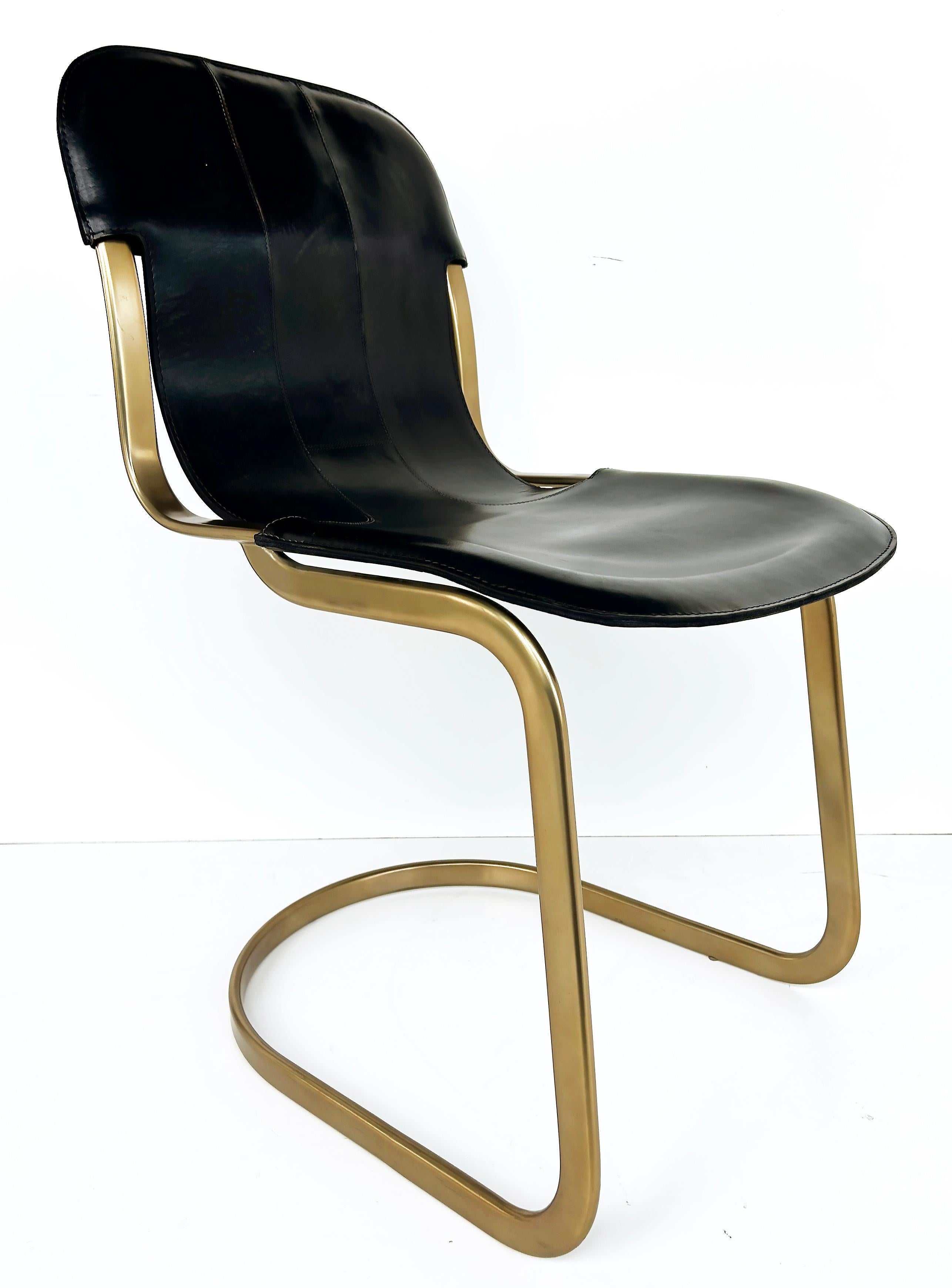 Mid-Century Modern Brass Plated Leather Cantilevered Dining Chairs After Willy Rizzo, Set of 6 For Sale