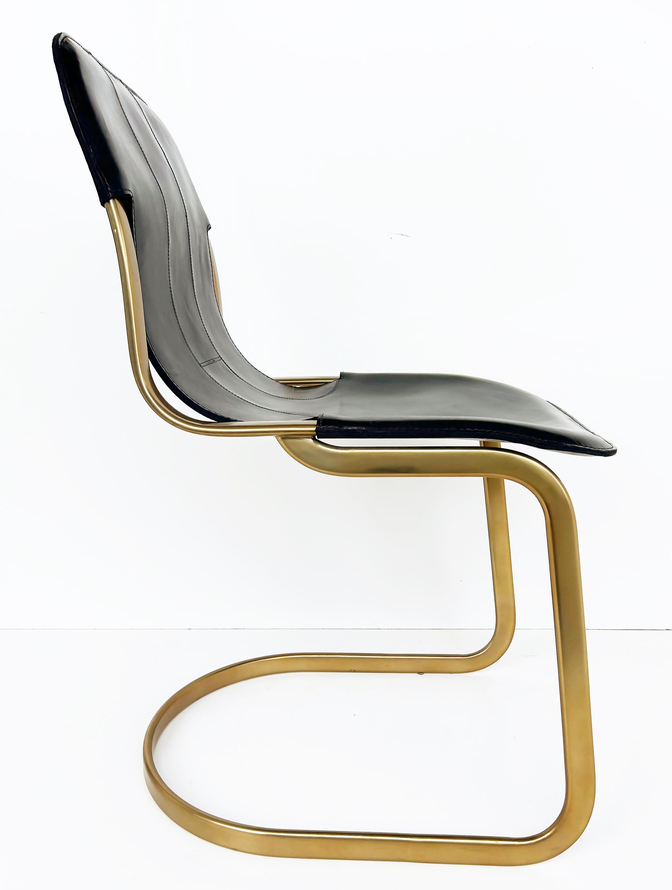Brass Plated Leather Cantilevered Dining Chairs After Willy Rizzo, Set of 6 In Good Condition For Sale In Miami, FL
