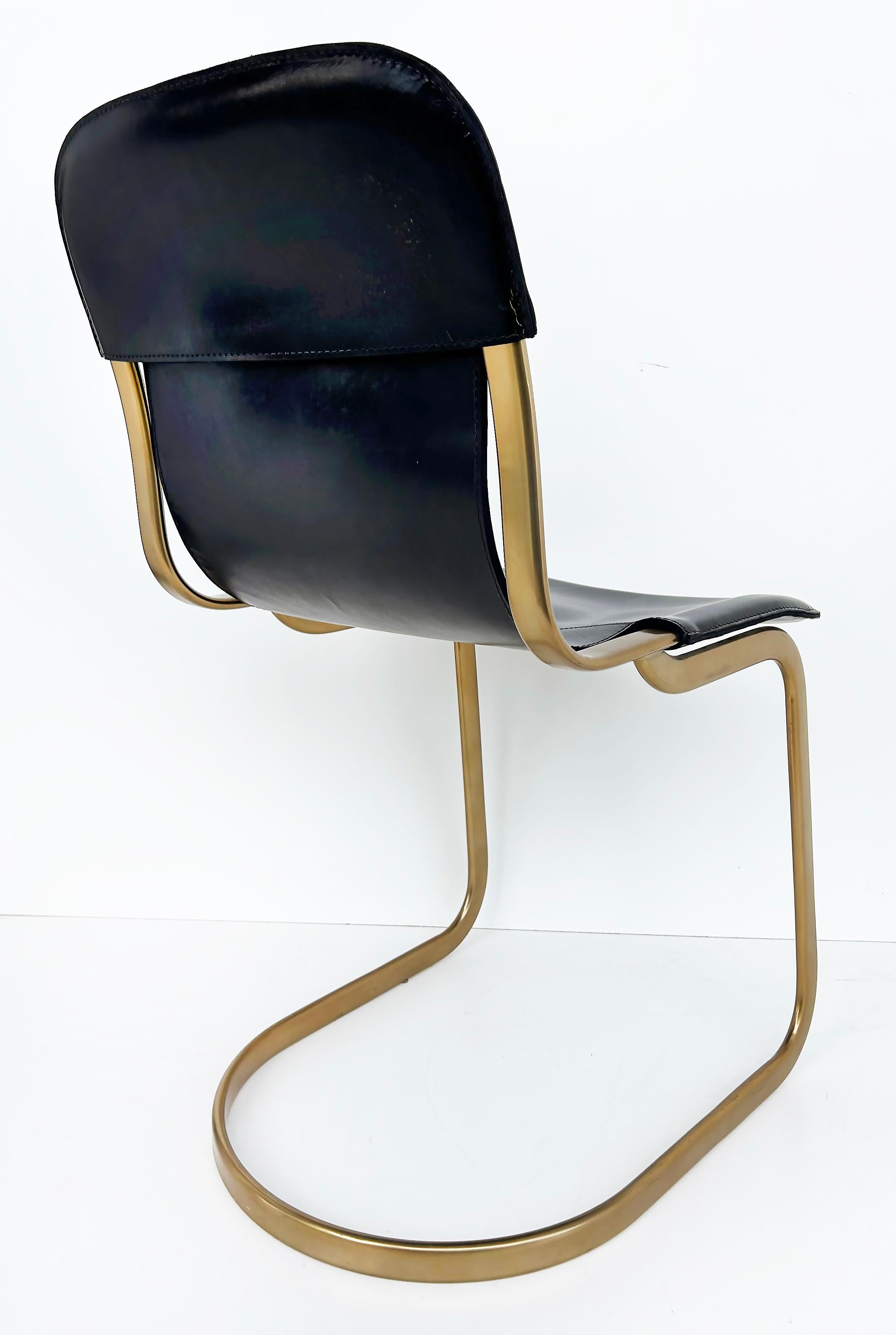 Contemporary Brass Plated Leather Cantilevered Dining Chairs After Willy Rizzo, Set of 6 For Sale