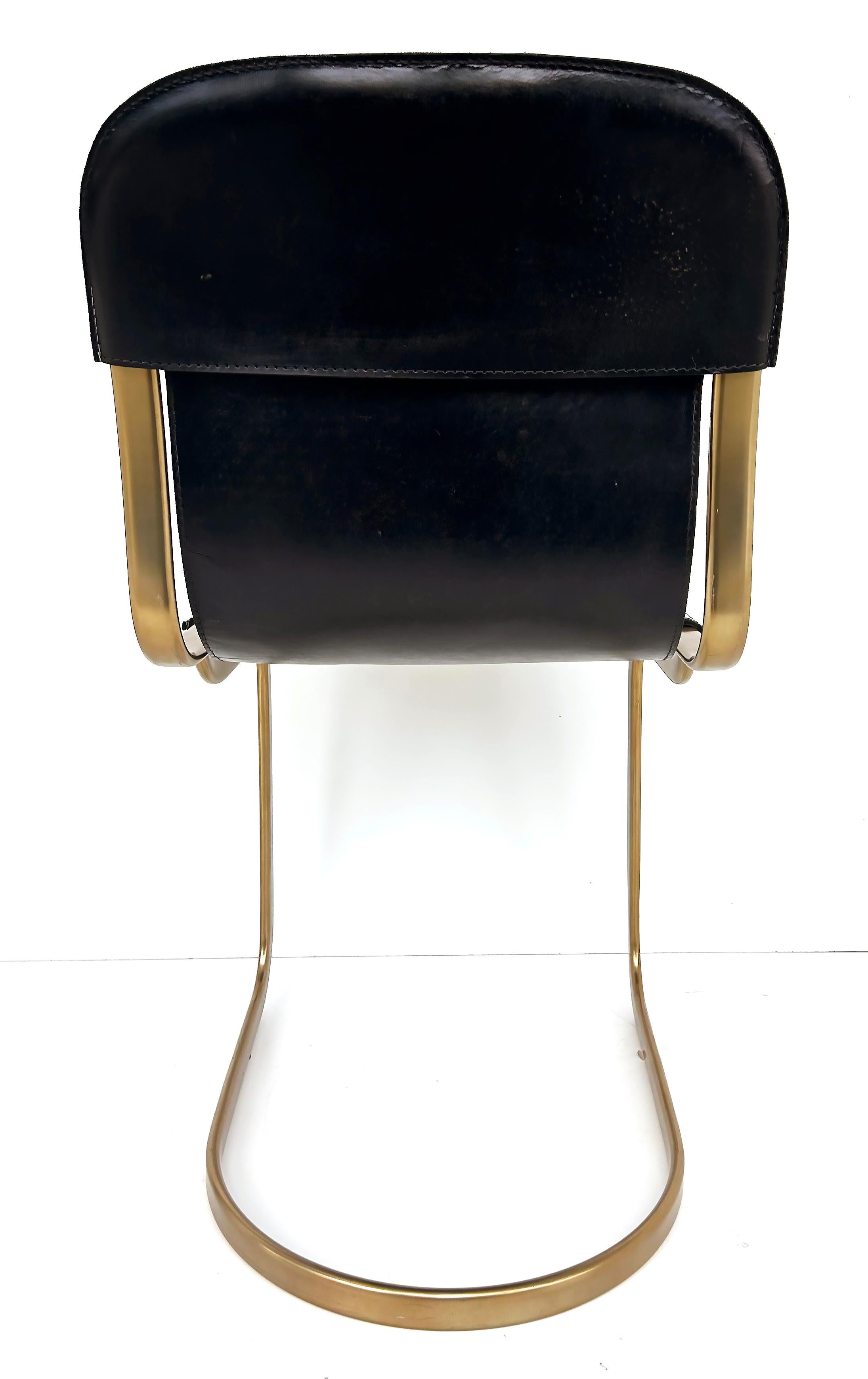 Brass Plated Leather Cantilevered Dining Chairs After Willy Rizzo, Set of 6 For Sale 1