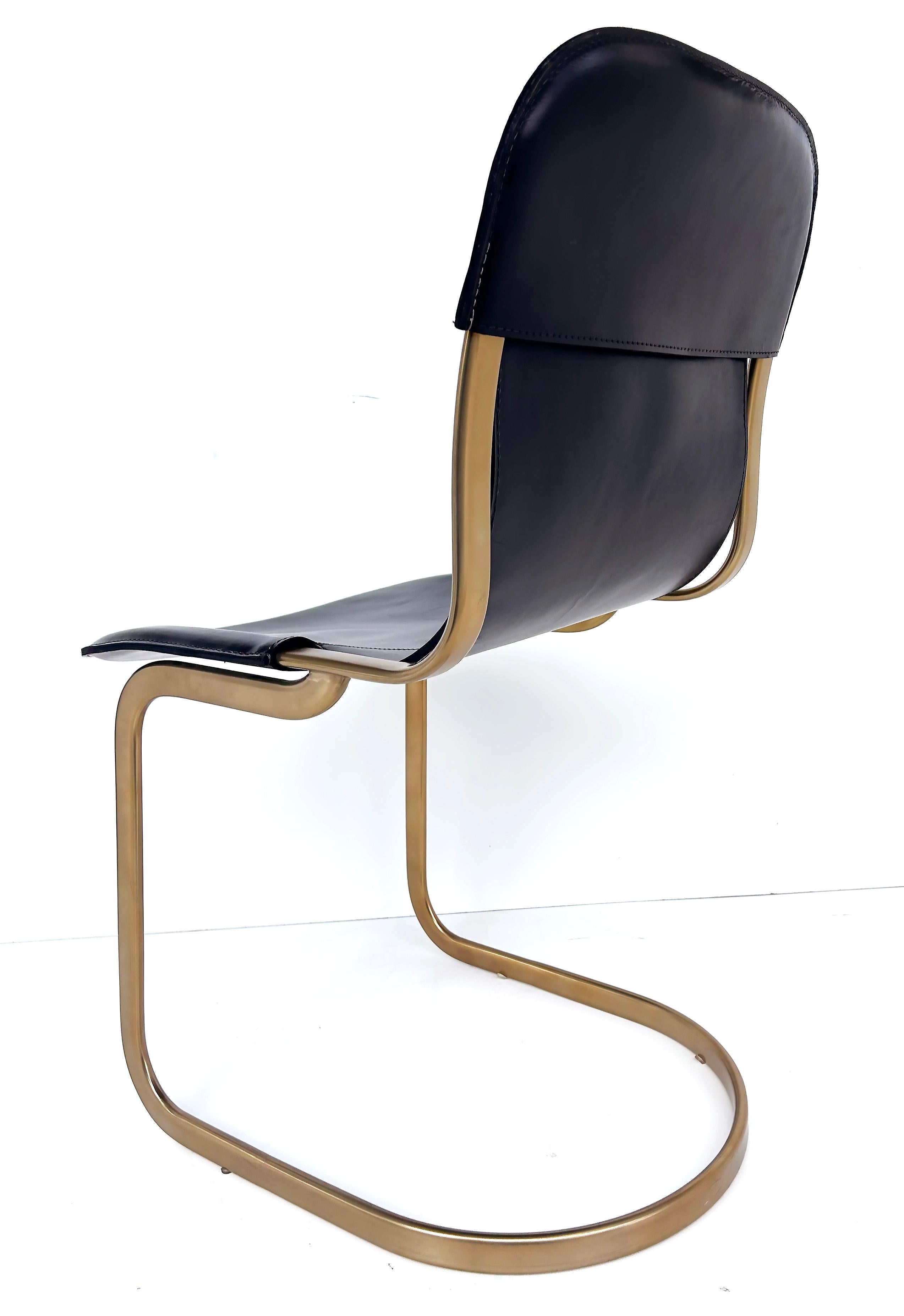 Brass Plated Leather Cantilevered Dining Chairs After Willy Rizzo, Set of 6 For Sale 2