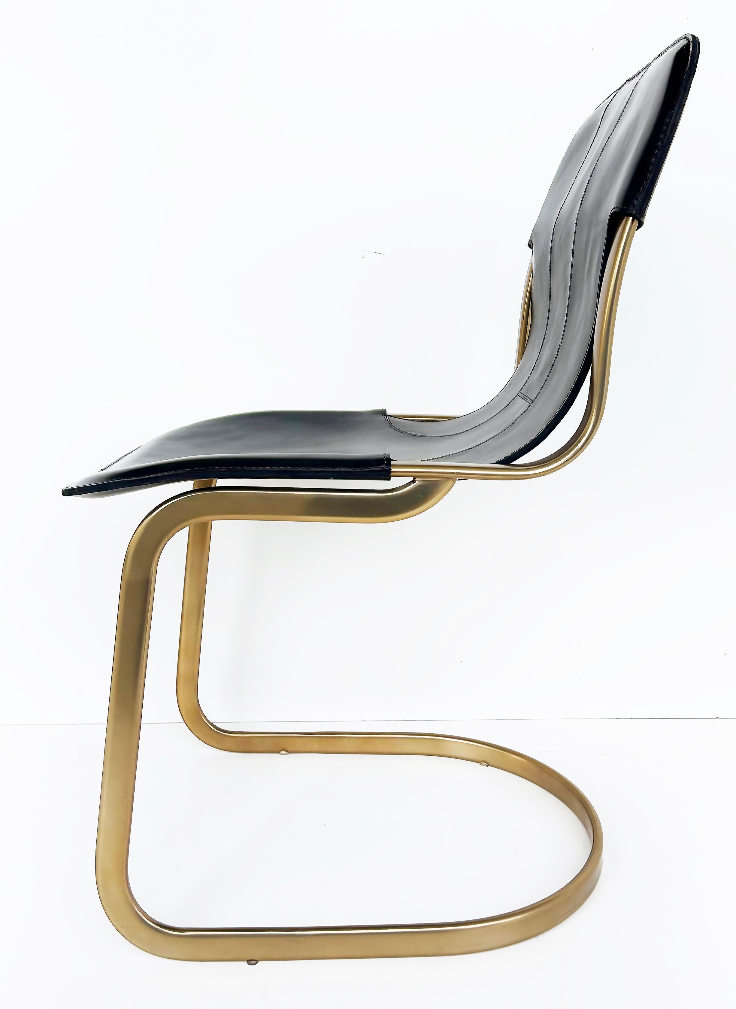 Brass Plated Leather Cantilevered Dining Chairs After Willy Rizzo Desgn For Sale 3