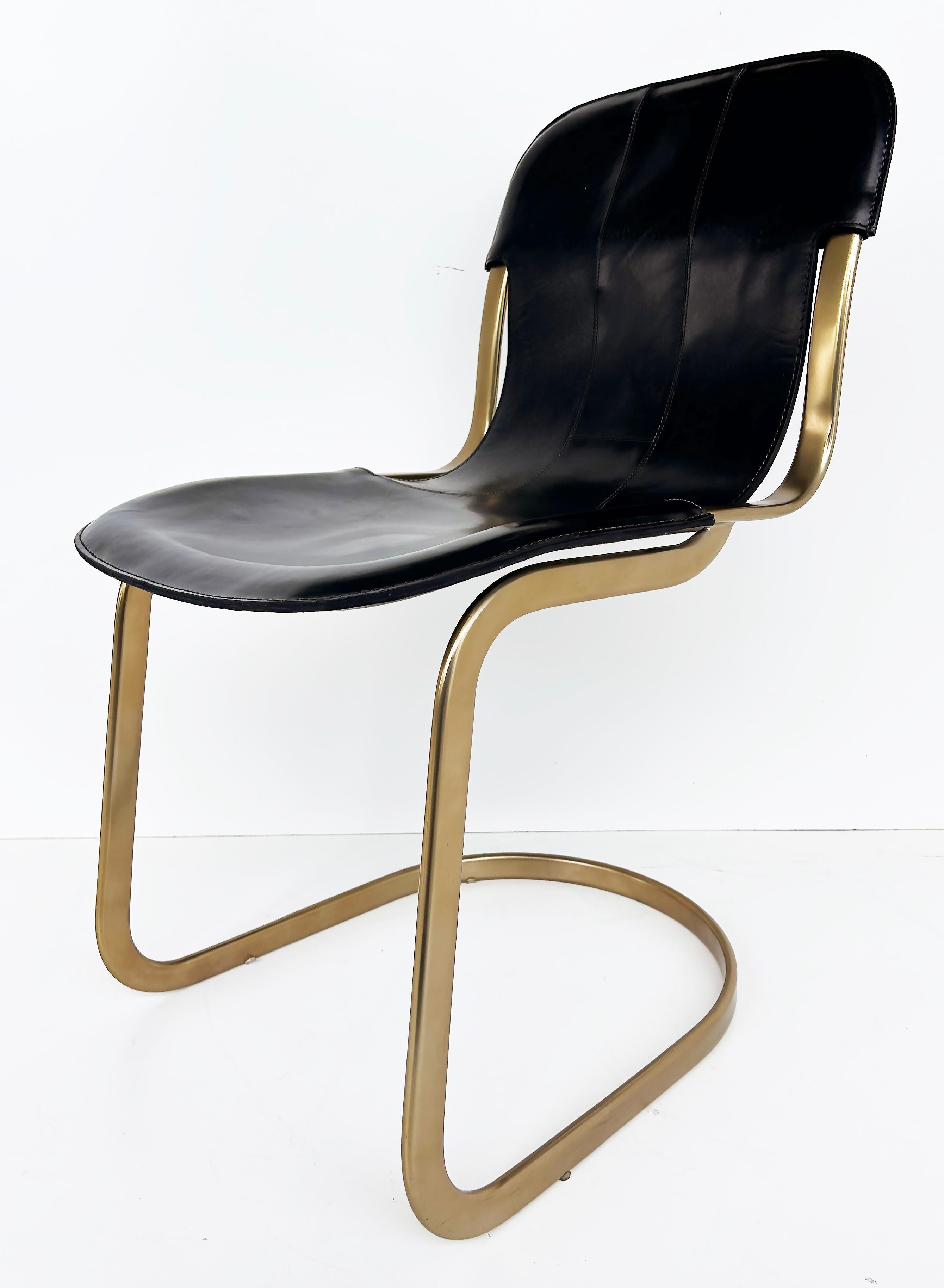 Brass Plated Leather Cantilevered Dining Chairs After Willy Rizzo Desgn For Sale 4