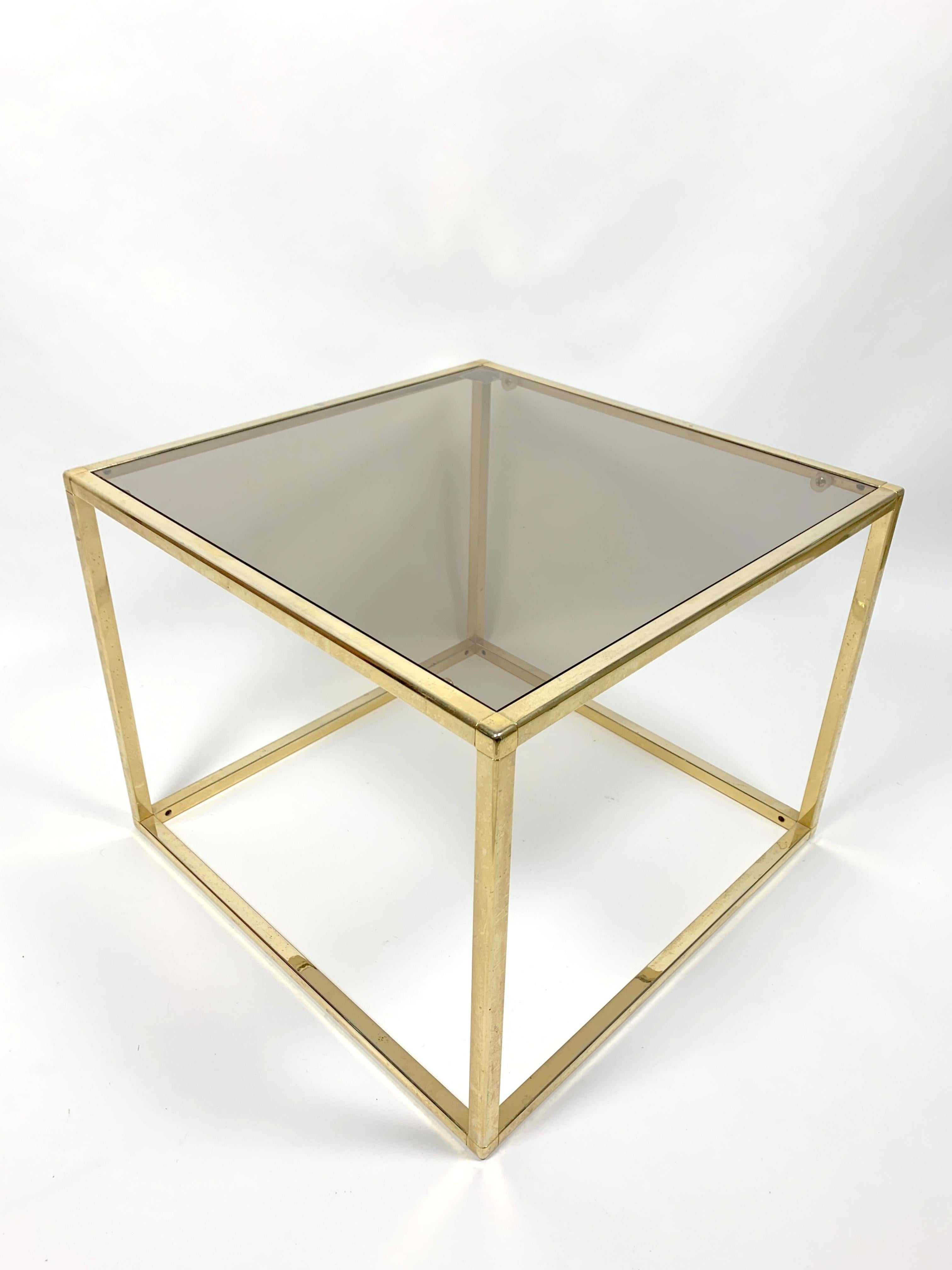 European Brass-Plated Rectangular Small Table with Glass Top, 1970s