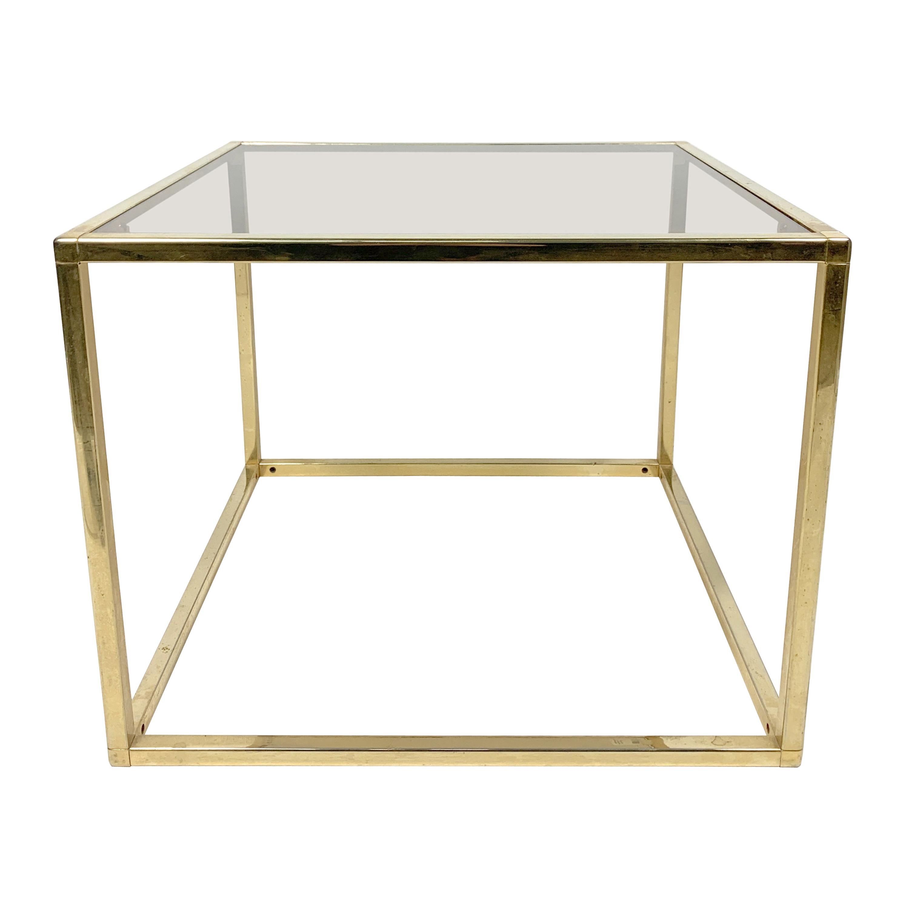 Brass-Plated Rectangular Small Table with Glass Top, 1970s