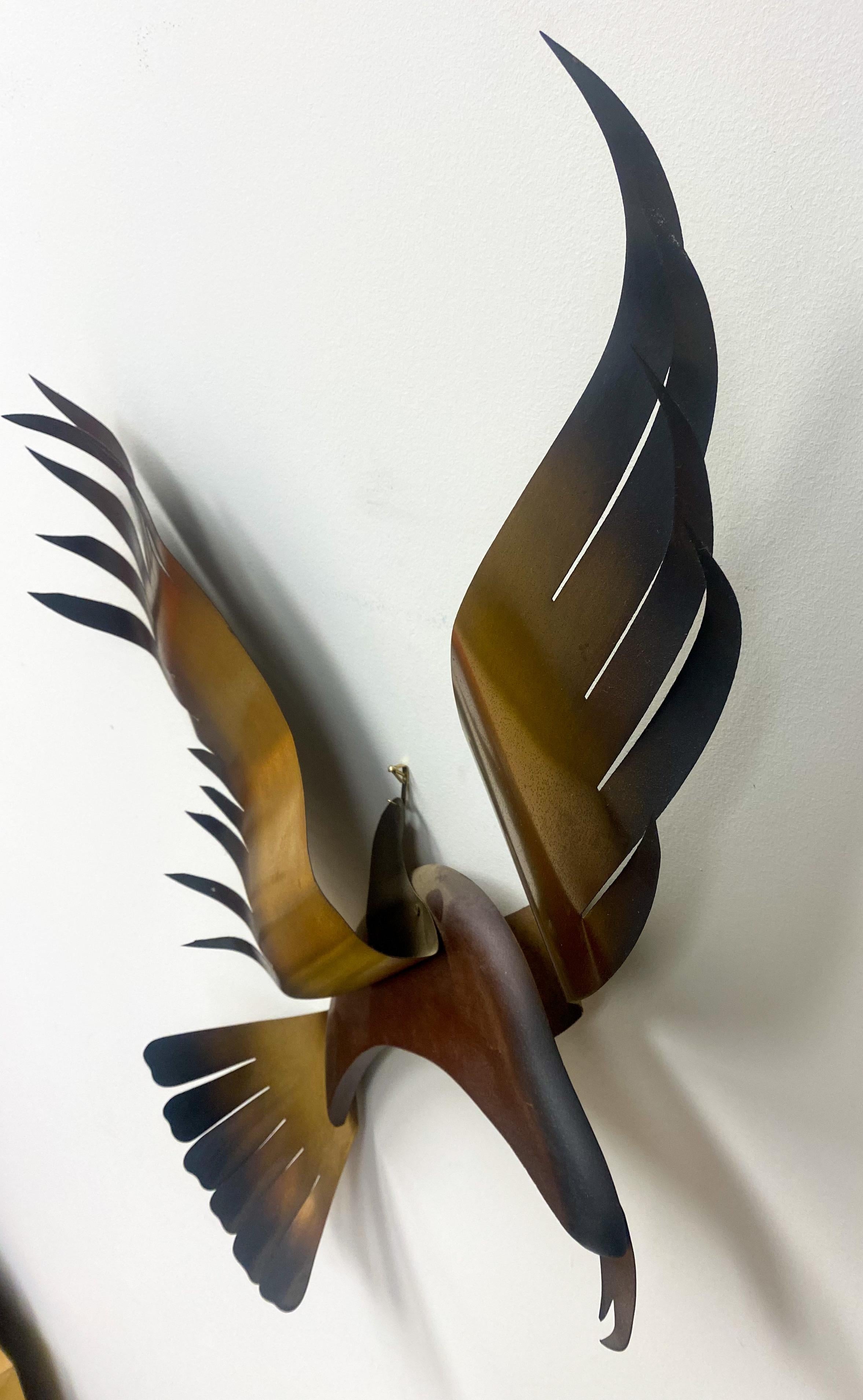 Hand-Carved Brass Plated Seagull Bird Wall Sculpture in Flight Attributed to C.Jere, a Pair For Sale
