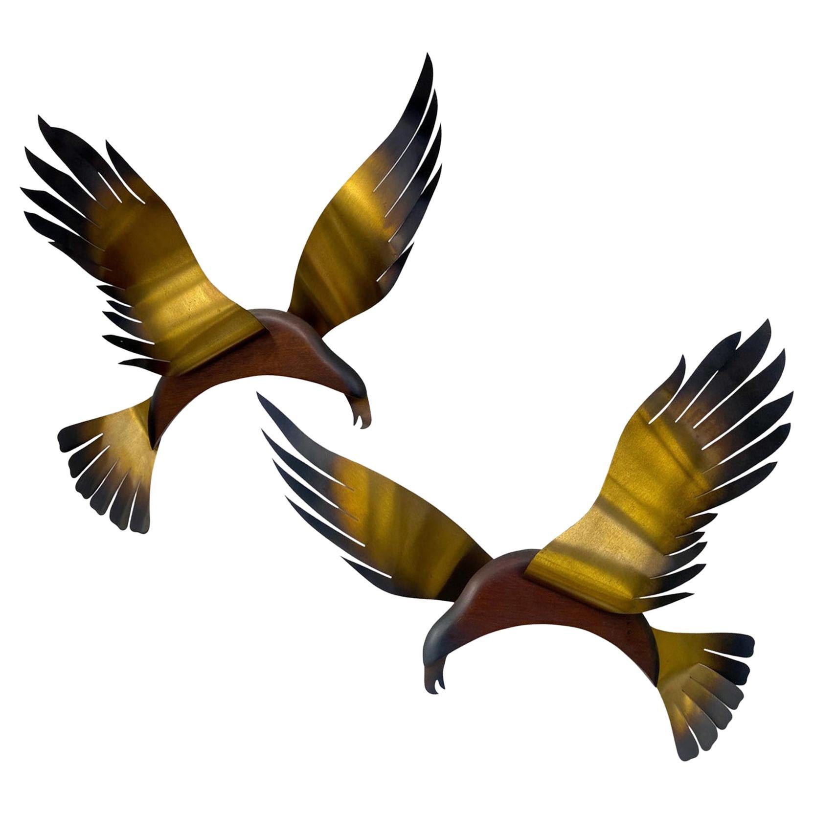Brass Plated Seagull Bird Wall Sculpture in Flight Attributed to C.Jere, a Pair For Sale
