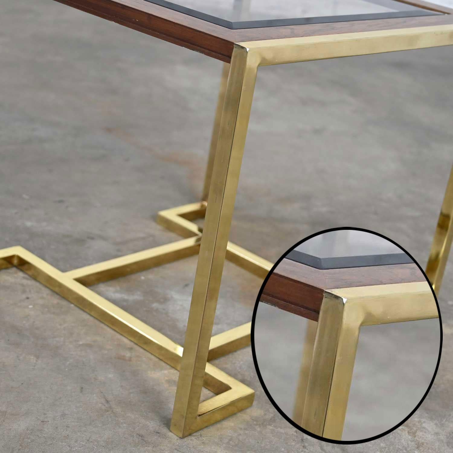Brass Plated Wood & Glass End Table by Thomasville Furn Style Milo Baughman For Sale 1