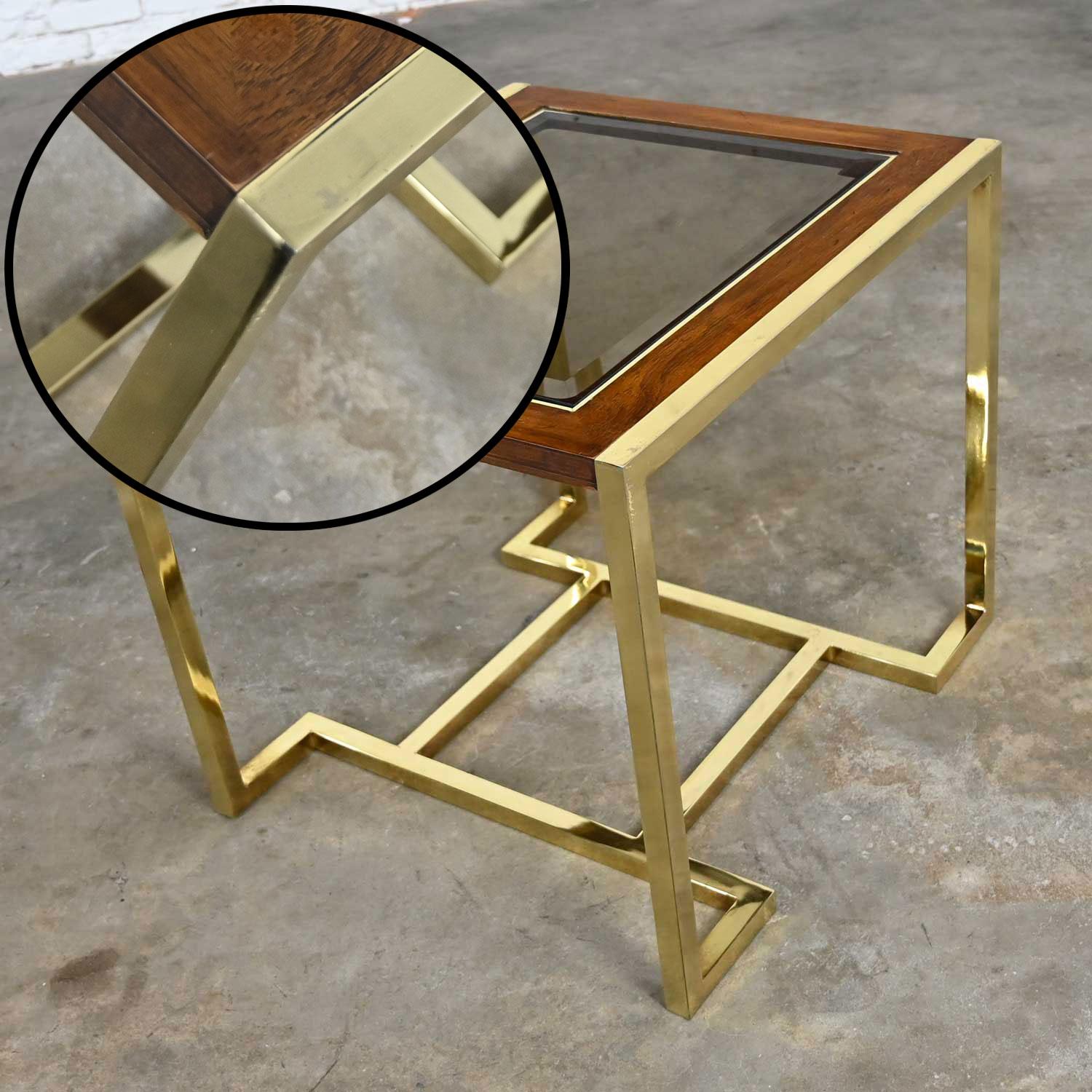 Brass Plated Wood & Glass End Table by Thomasville Furn Style Milo Baughman For Sale 2