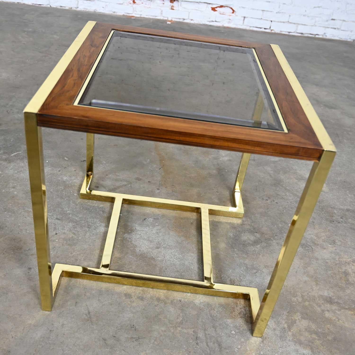 Modern Brass Plated Wood & Glass End Table by Thomasville Furn Style Milo Baughman For Sale