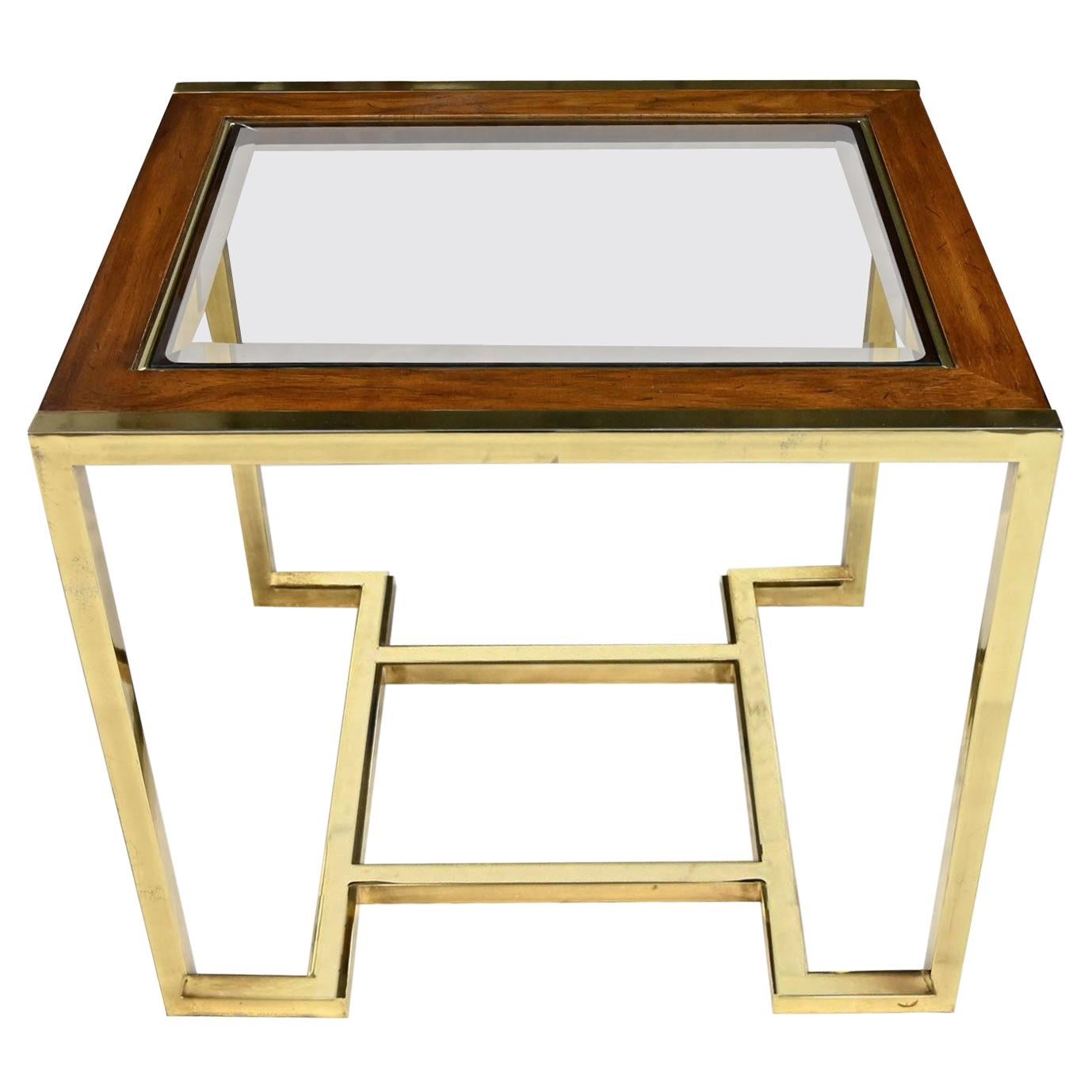Brass Plated Wood & Glass End Table by Thomasville Furn Style Milo Baughman