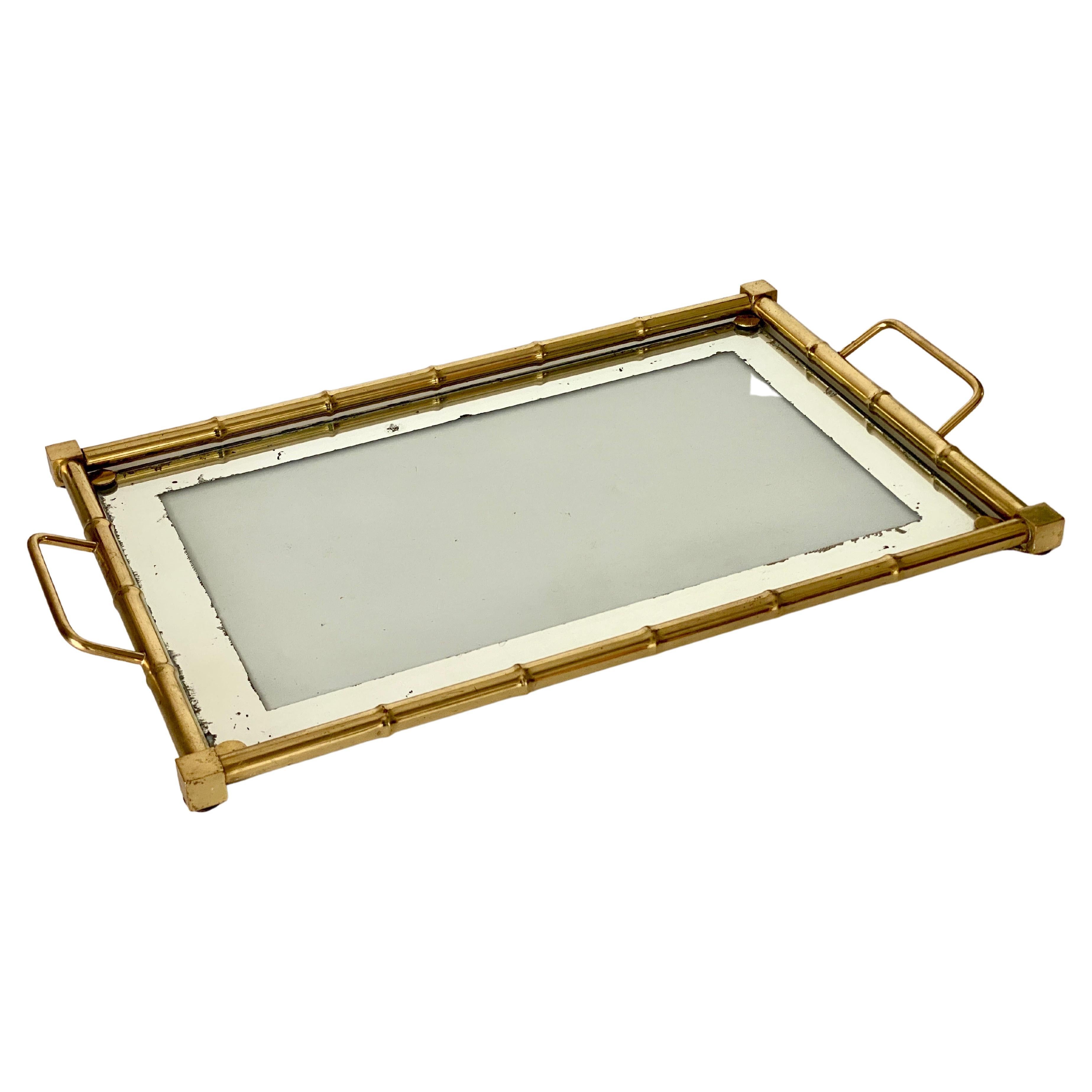 Brass Platter with its Faux Bamboo Structure, Gold Color, France circa 1970