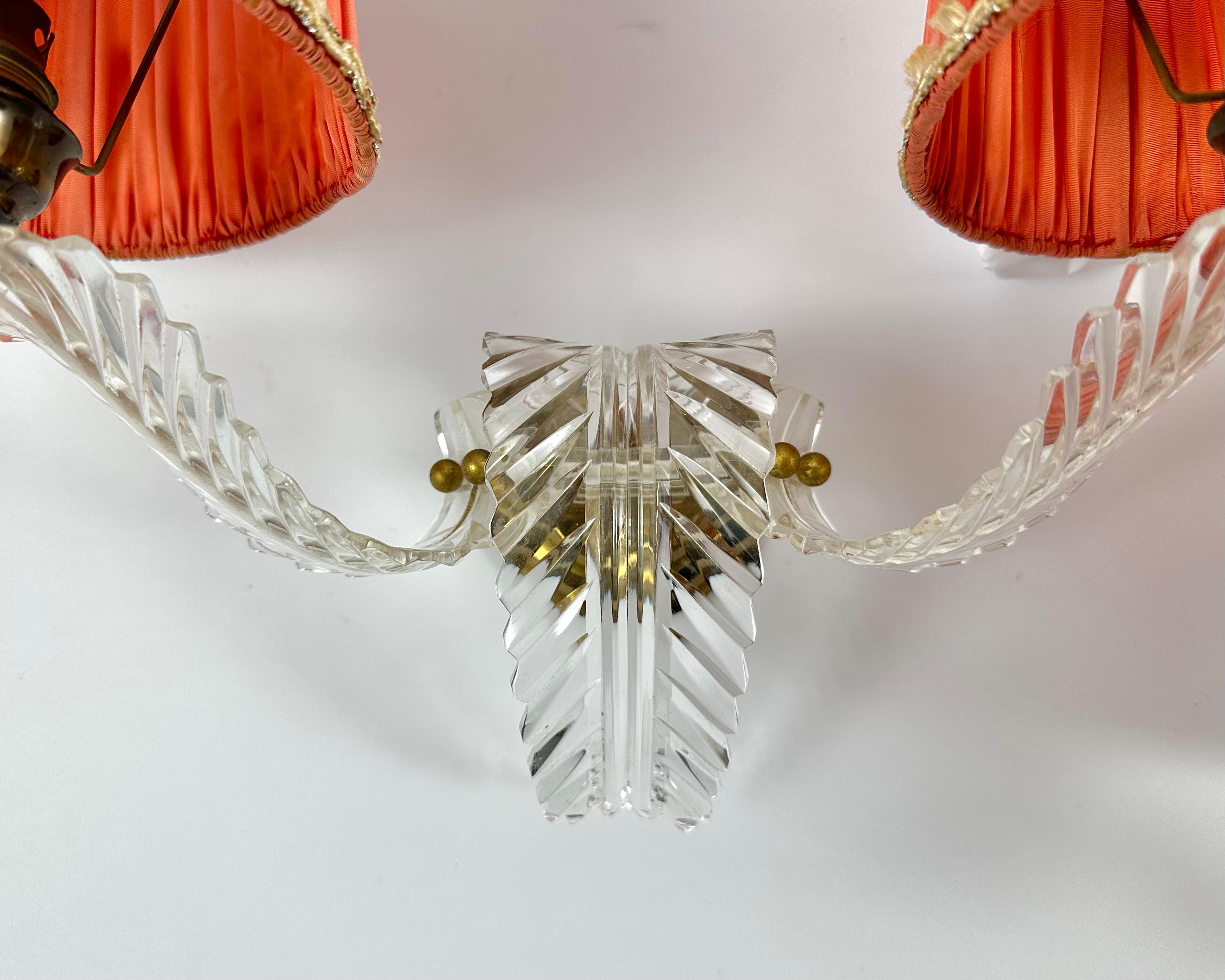 French Brass Plexiglass Orange Double Arm Sconces Vintage With Shades, France, 1970 For Sale