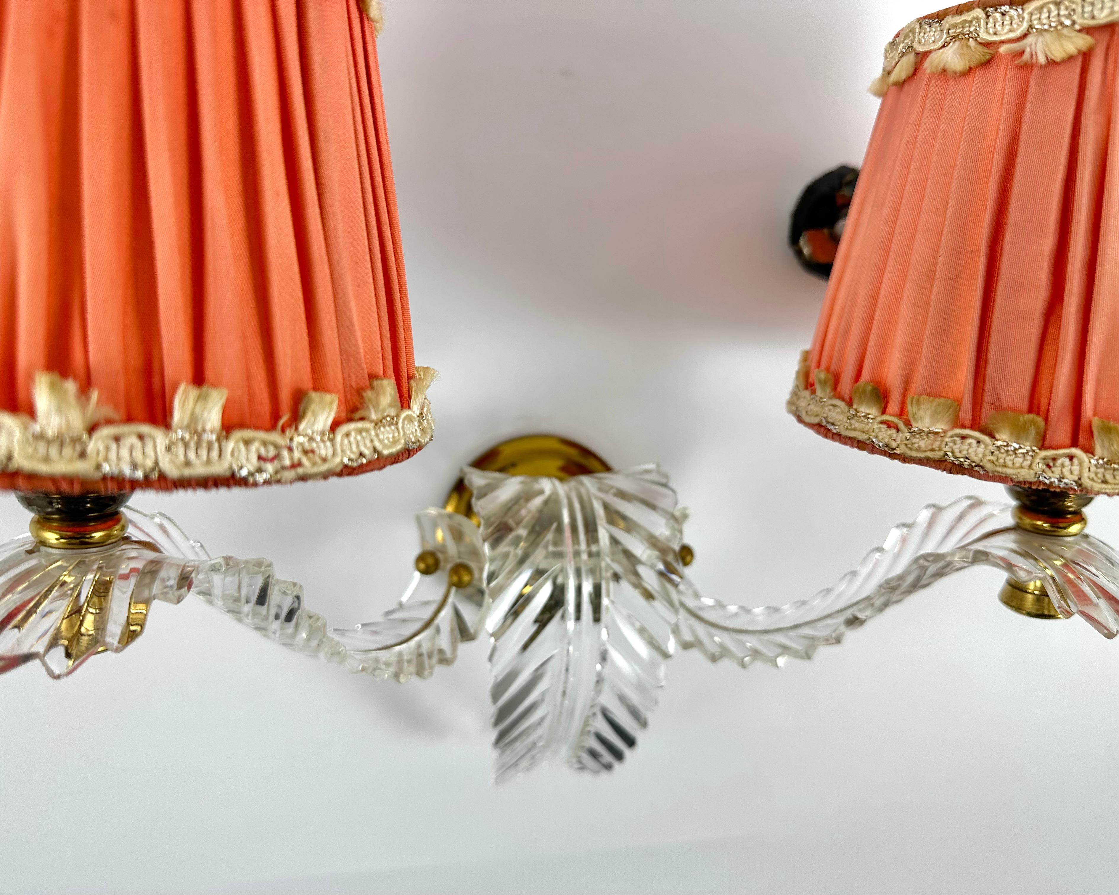 Late 20th Century Brass Plexiglass Orange Double Arm Sconces Vintage With Shades, France, 1970 For Sale