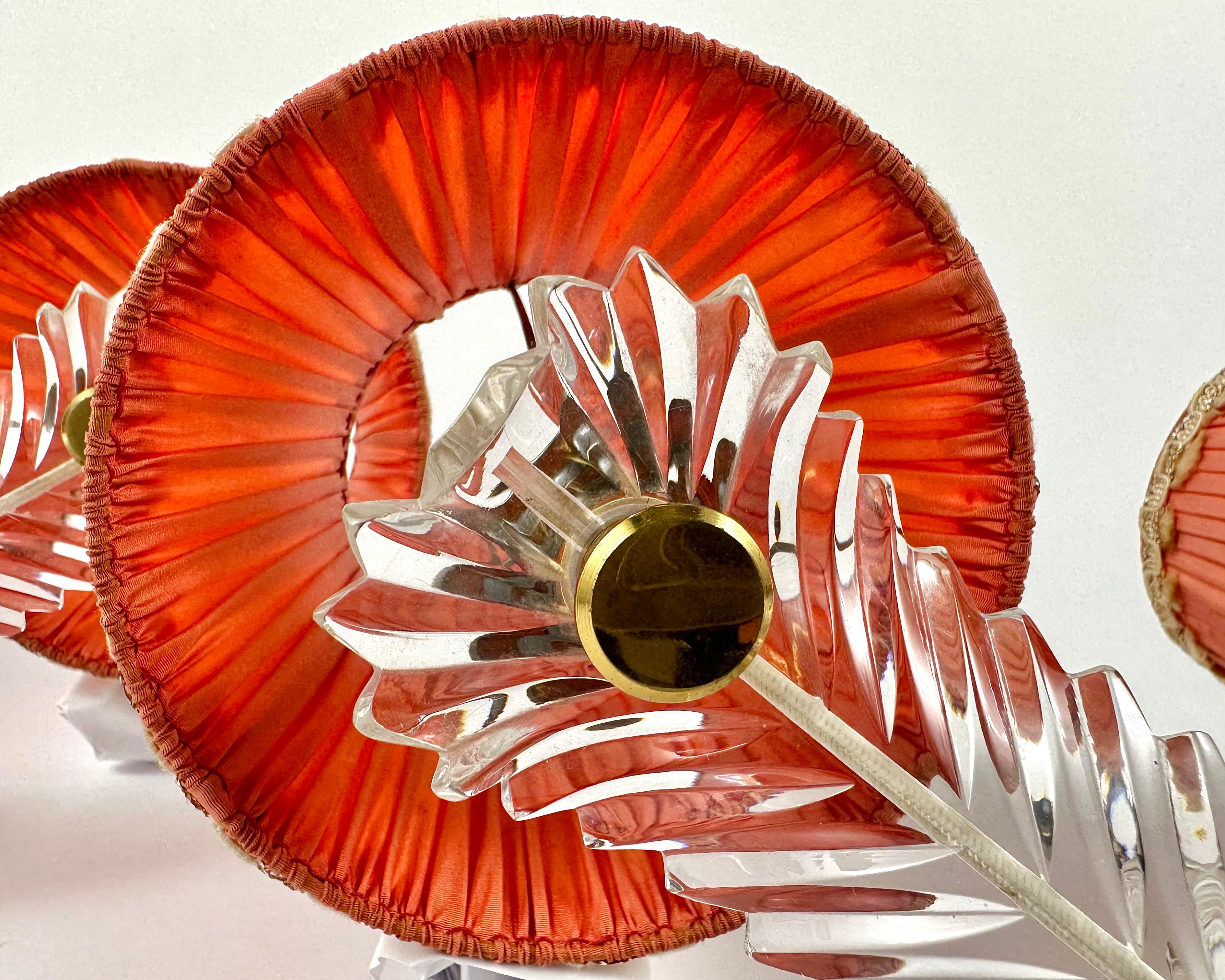 Brass Plexiglass Orange Double Arm Sconces Vintage With Shades, France, 1970 For Sale 2