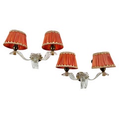 Brass Plexiglass Orange Double Arm Sconces Retro With Shades, France, 1970