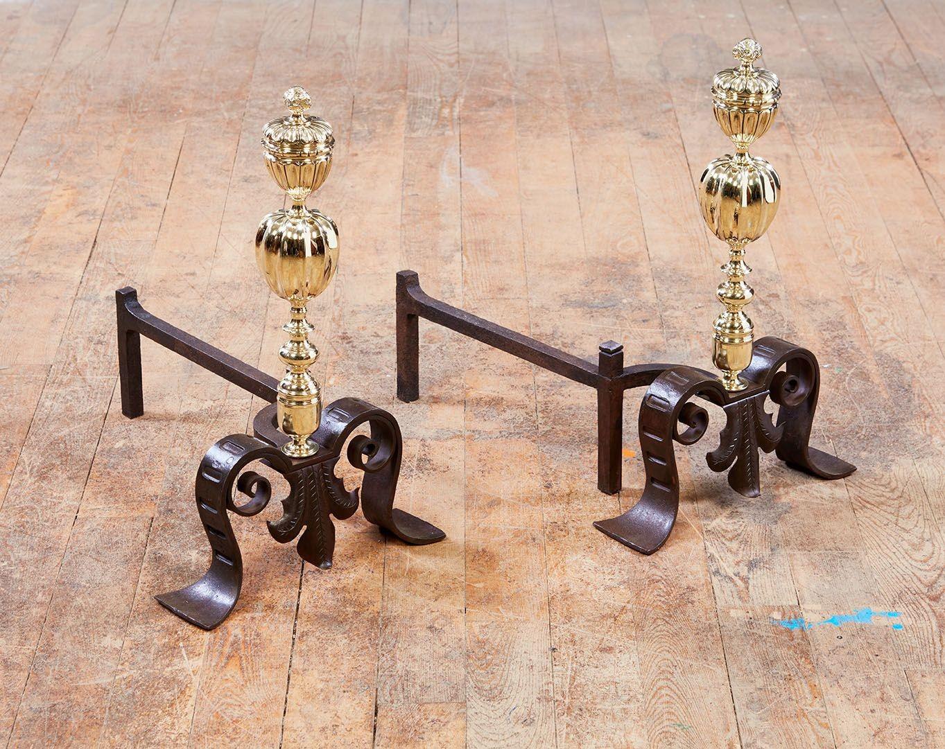 19th Century Brass Pomegranate Andirons For Sale