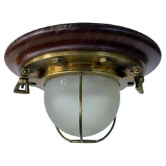 Brass "Porthole" Style Flush Mount Light Fixture or Sconce with Wood and Glass