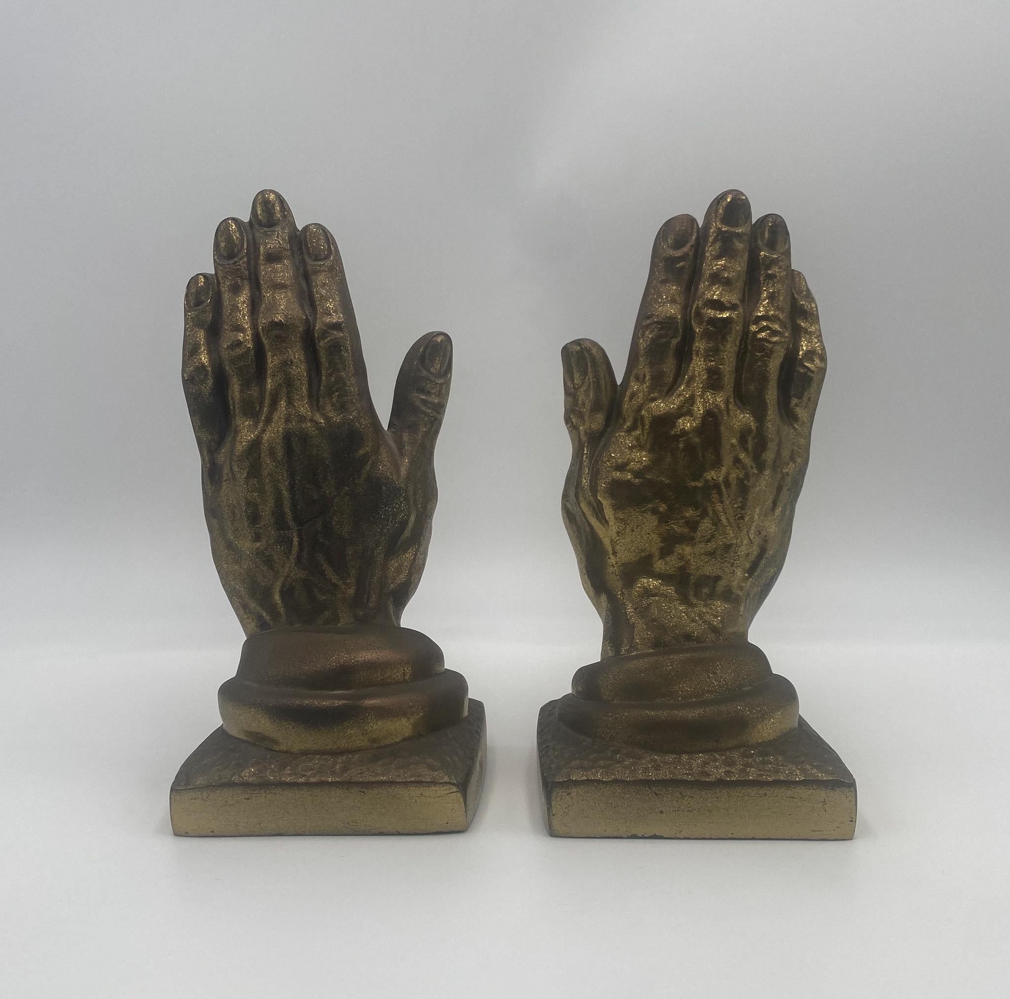 Brass Praying Hands Bookends, 1970's  In Good Condition For Sale In Costa Mesa, CA